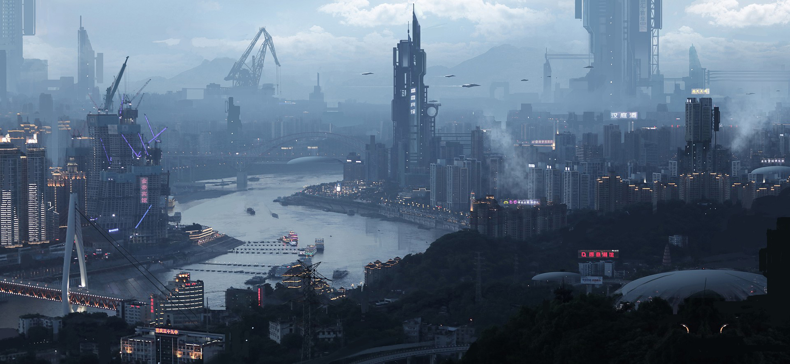 Laden Sie das Gebäude, Fluss, Brücke, Science Fiction, China, Großstadt-Bild kostenlos auf Ihren PC-Desktop herunter