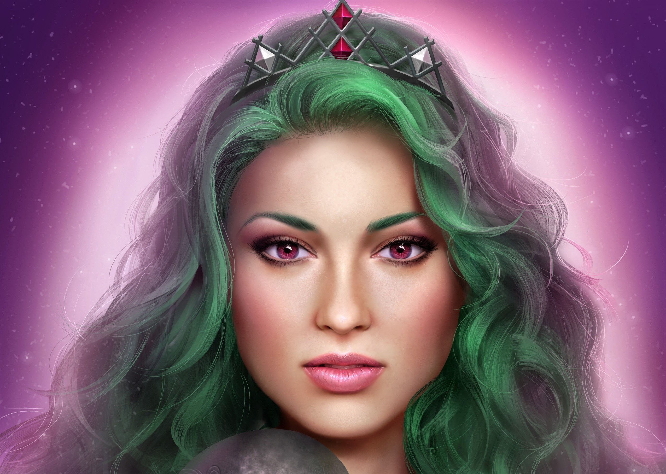 Download mobile wallpaper Fantasy, Crown, Face, Green Hair, Vampire, Purple Eyes for free.