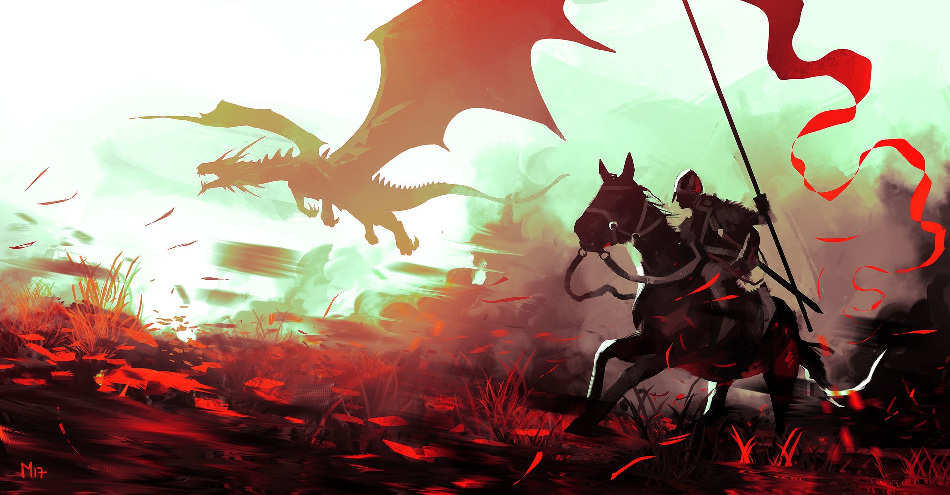 Download mobile wallpaper Fantasy, Dragon, Warrior, Horse, Banner for free.
