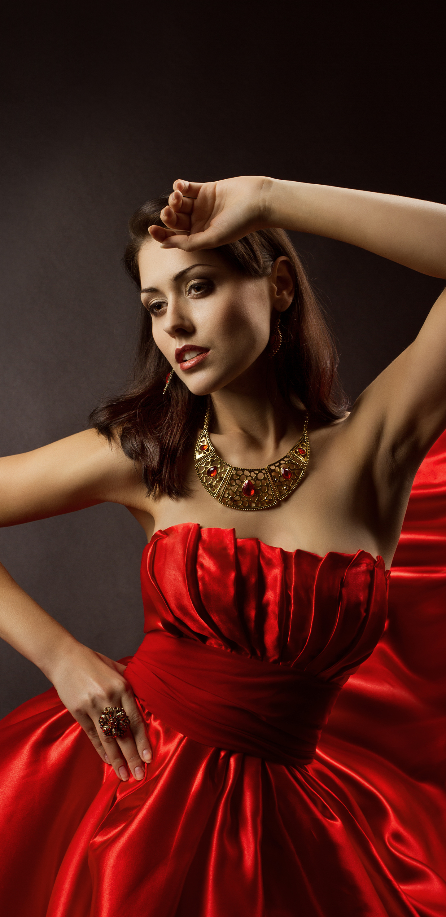 Download mobile wallpaper Brunette, Model, Women, Necklace, Red Dress for free.