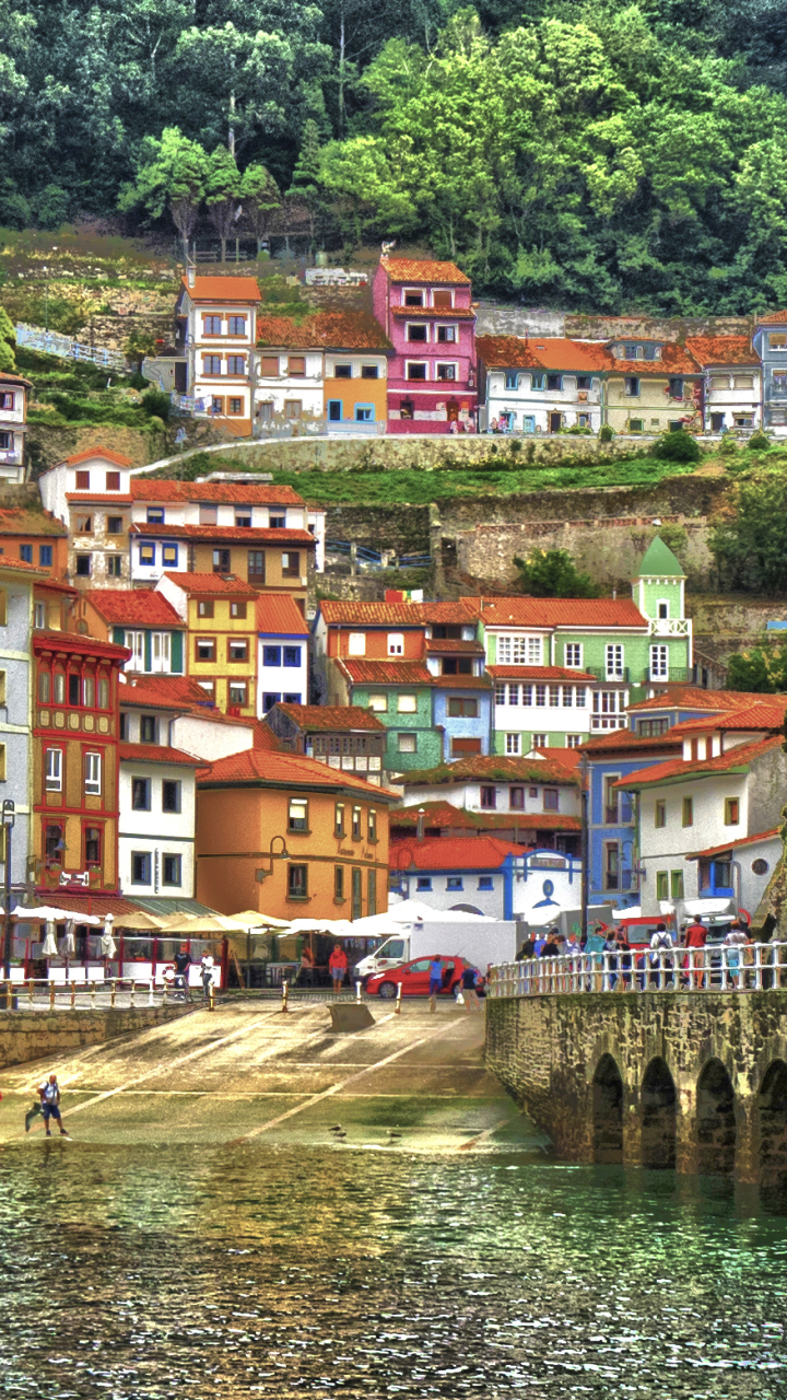 Download mobile wallpaper House, Village, Bridge, Spain, Cudillero, Man Made, Towns for free.
