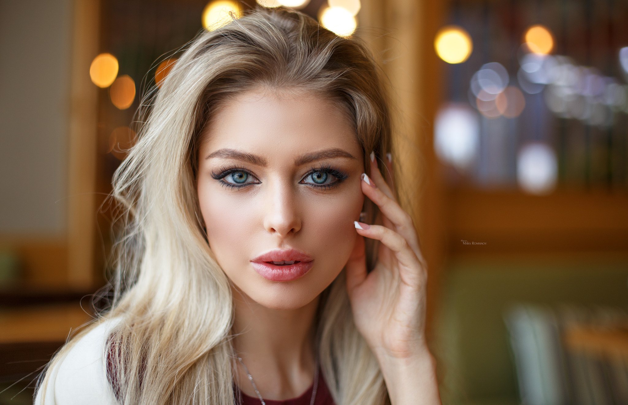 Free download wallpaper Close Up, Bokeh, Blonde, Face, Model, Women, Blue Eyes, Lipstick, Depth Of Field on your PC desktop