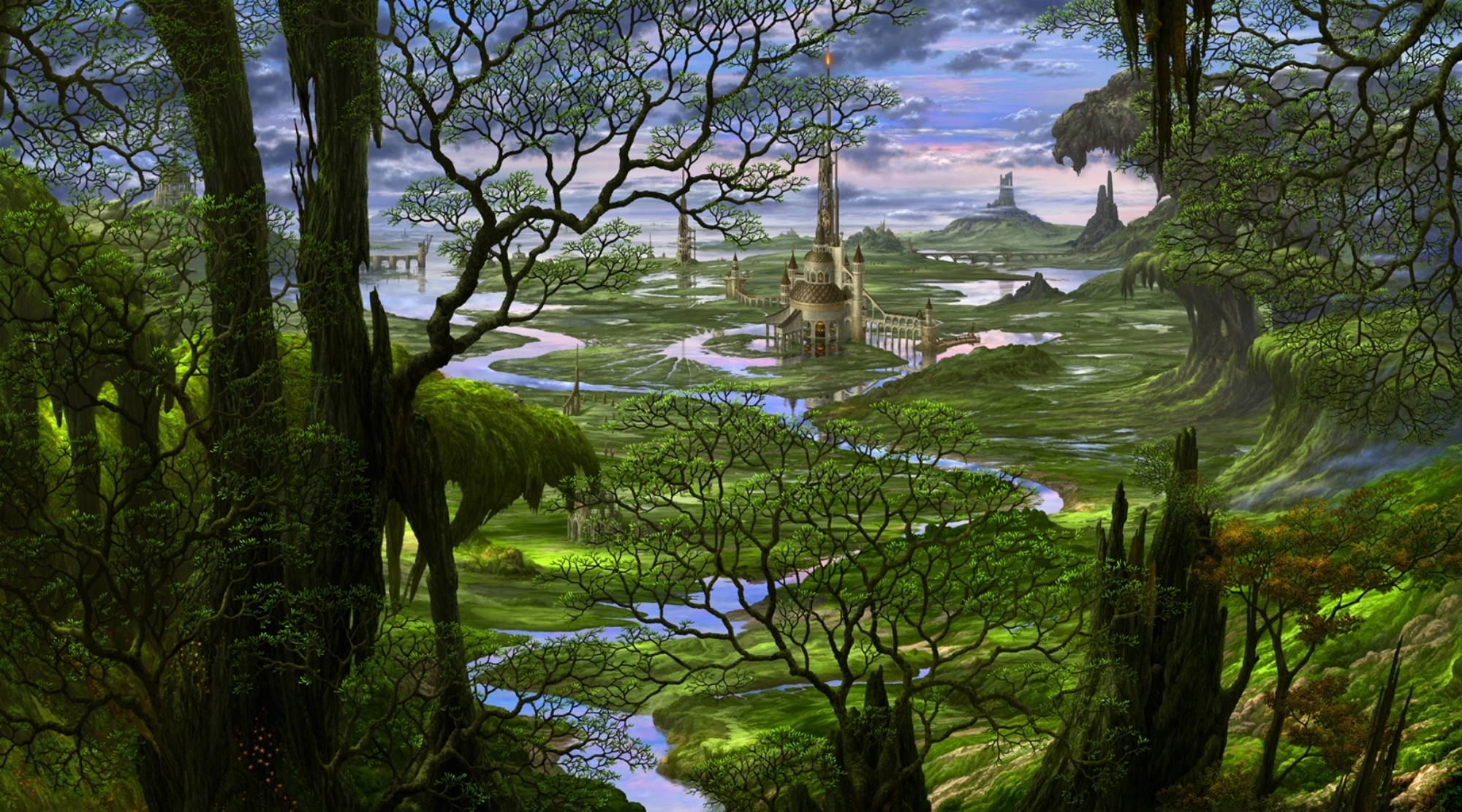 Download mobile wallpaper Water, Fantasy, Castle, Castles, Forest, Tree, Cloud, Sky for free.