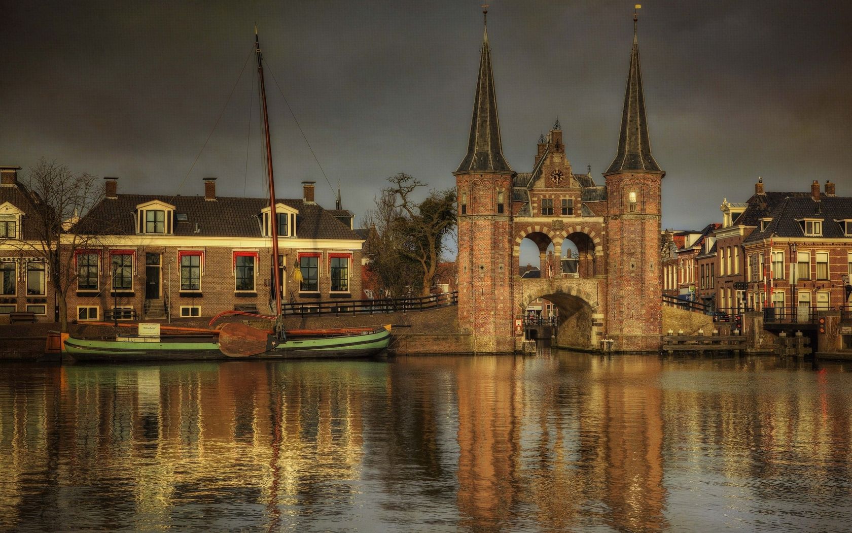 cities, houses, rivers, clock, bridge, boat desktop HD wallpaper