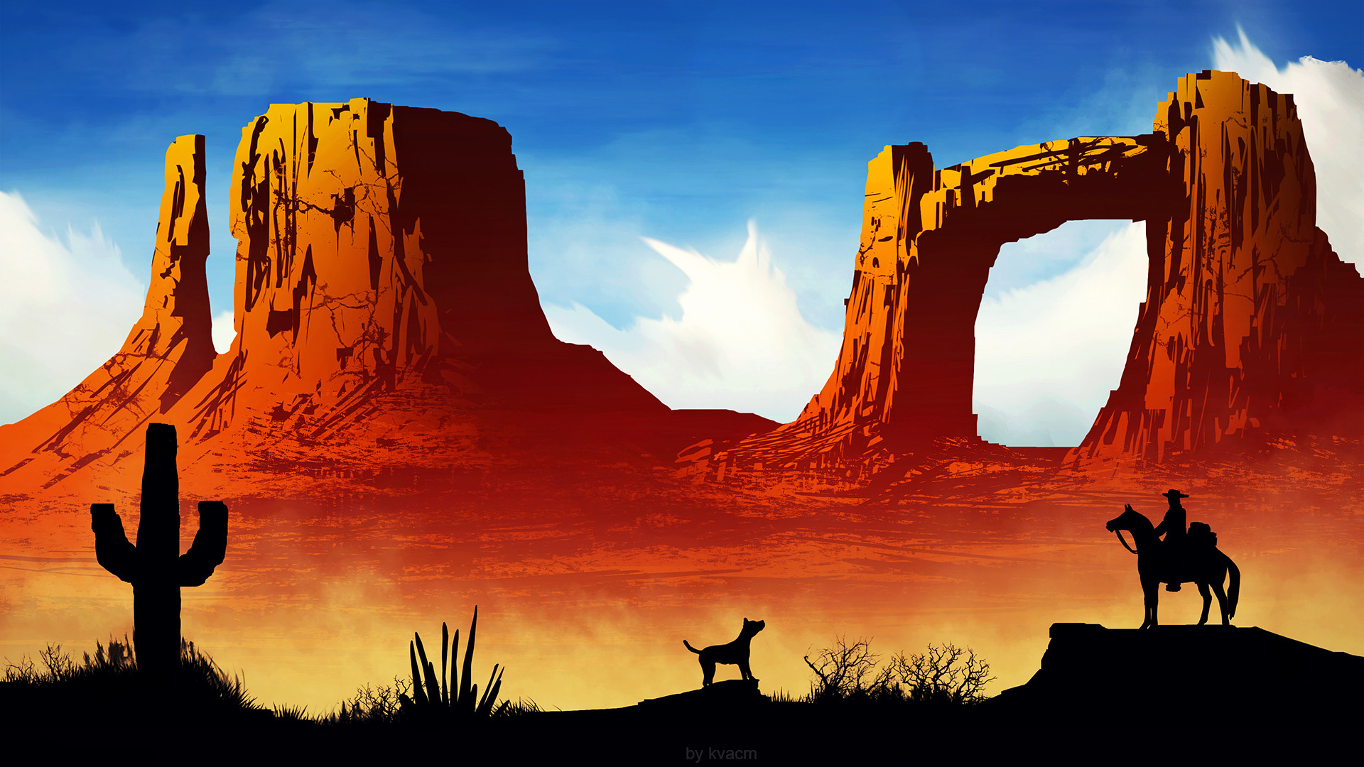 Download mobile wallpaper Landscape, Fantasy, Desert, Mountain, Silhouette, Dog, Arch, Horse, Cowboy for free.