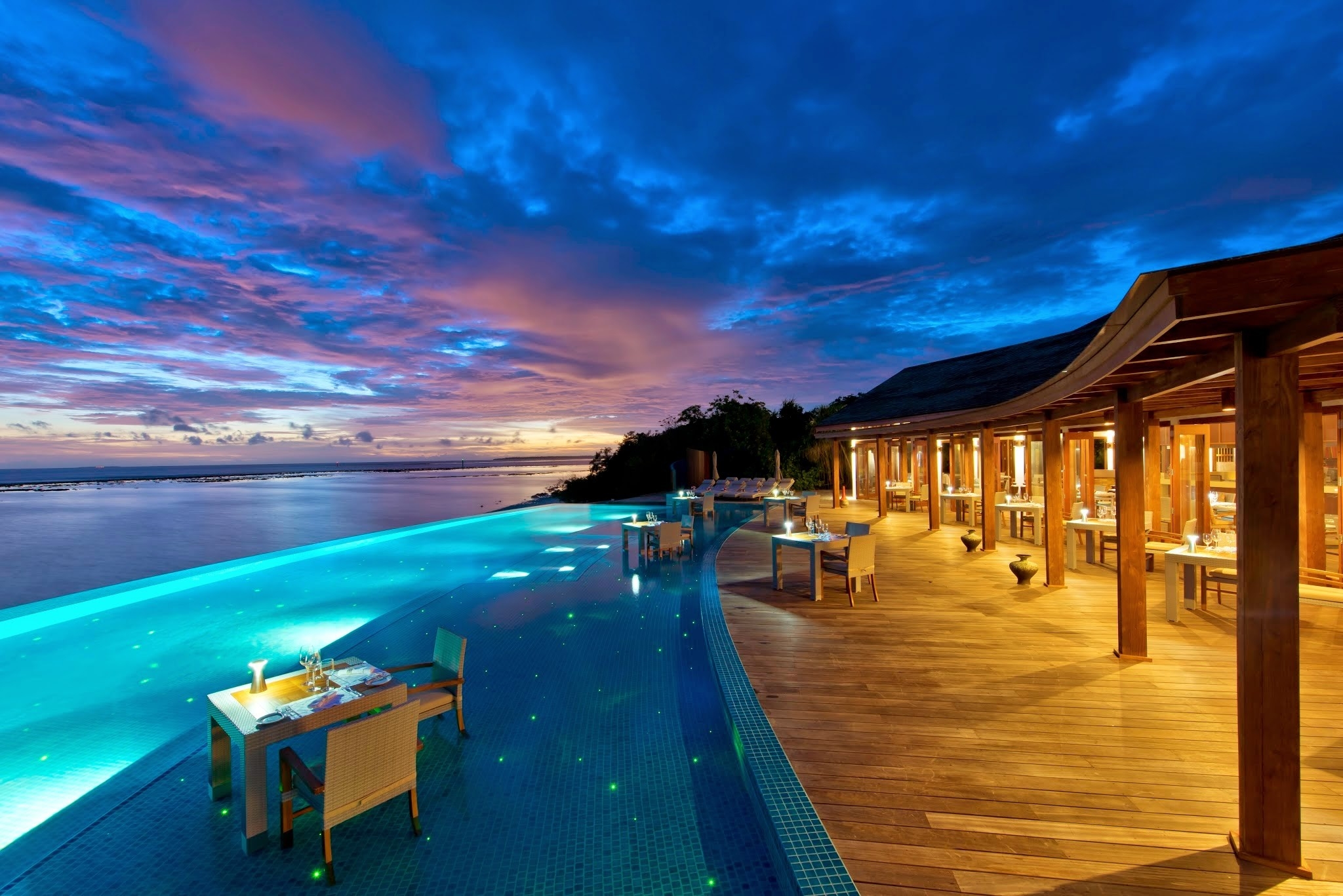 Download mobile wallpaper Sunset, Tropical, Resort, Pool, Man Made for free.