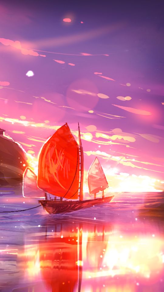 Download mobile wallpaper Anime, Sunset, Sky, Sea, Ship, Original for free.