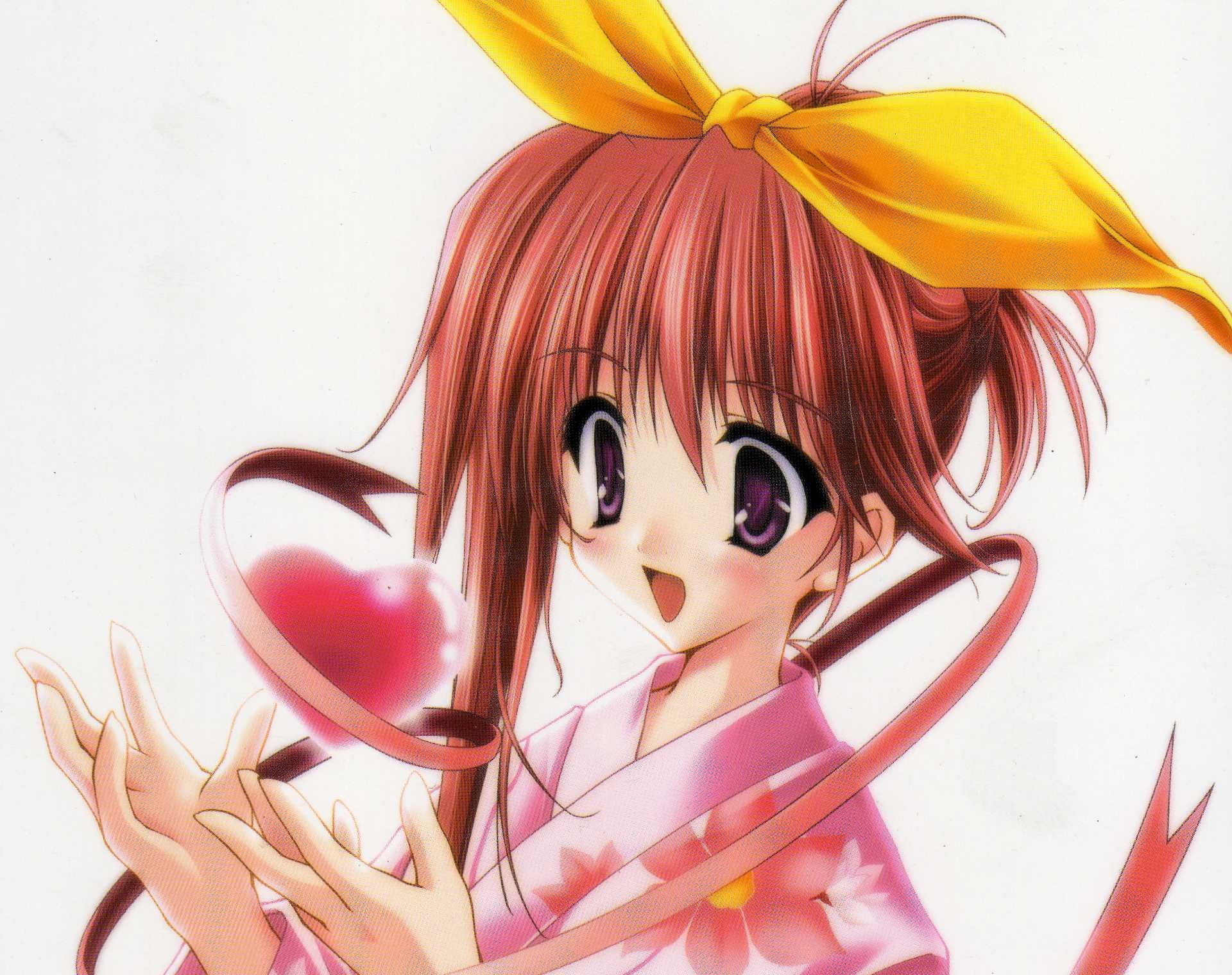 Free download wallpaper Anime, Smile, Heart, Kimono, Ribbon, Original, Blush, Brown Hair, Short Hair on your PC desktop