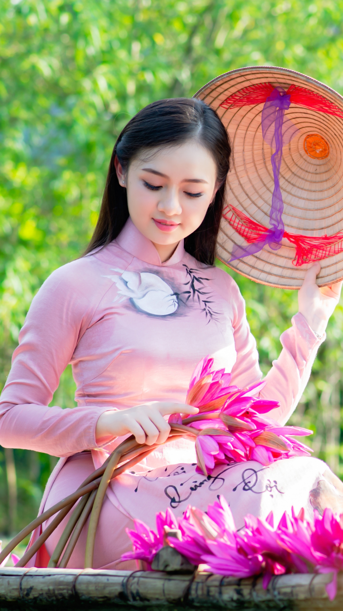Download mobile wallpaper Mood, Hat, Dress, Model, Women, Asian, Black Hair, Pink Flower for free.