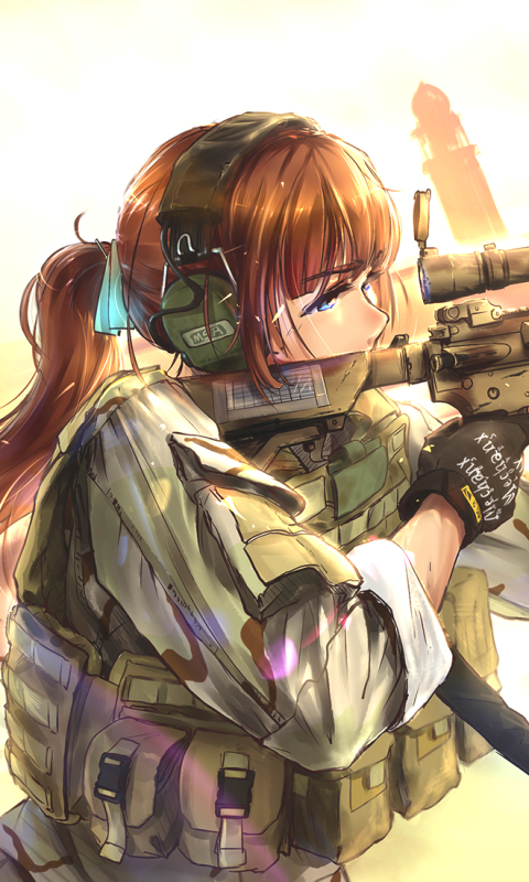 Download mobile wallpaper Anime, Headphones, Weapon, Military, Soldier, Brown Hair for free.