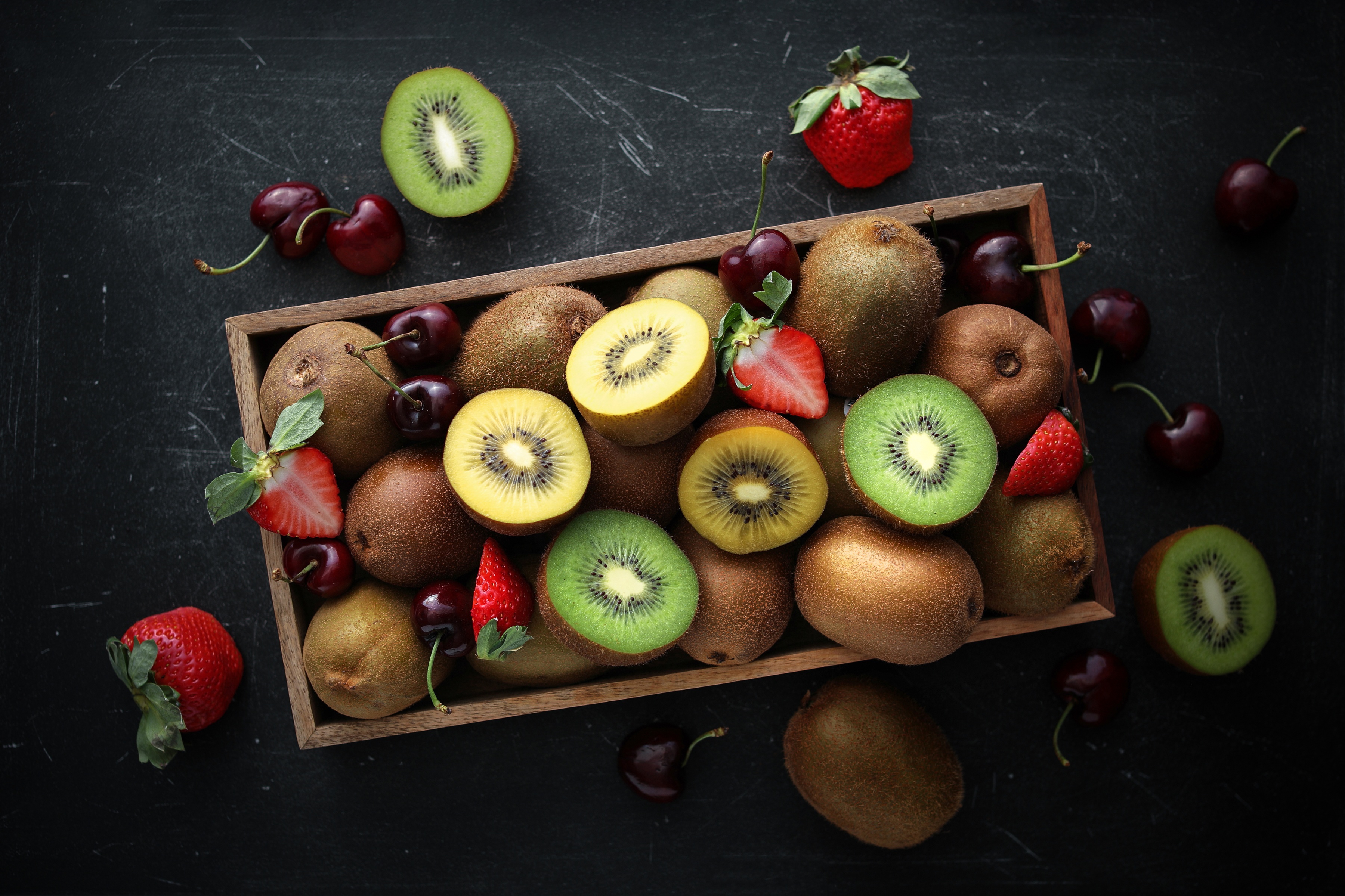 Download mobile wallpaper Fruits, Food, Strawberry, Cherry, Kiwi, Still Life, Fruit for free.