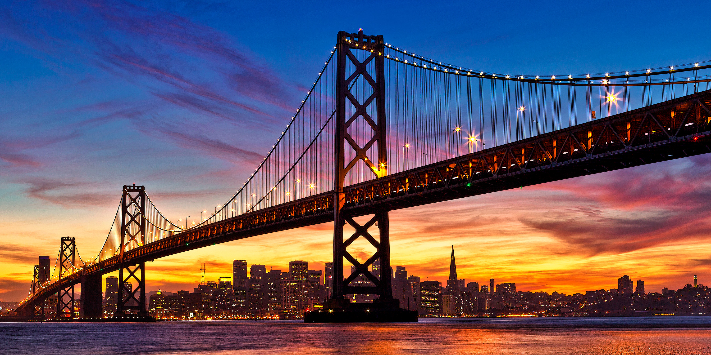 Скачать картинку Мосты, Закат, Небо, Море, Мост, Калифорния, Сан Франциско, Бэй Бридж, Сделано Человеком в телефон бесплатно.