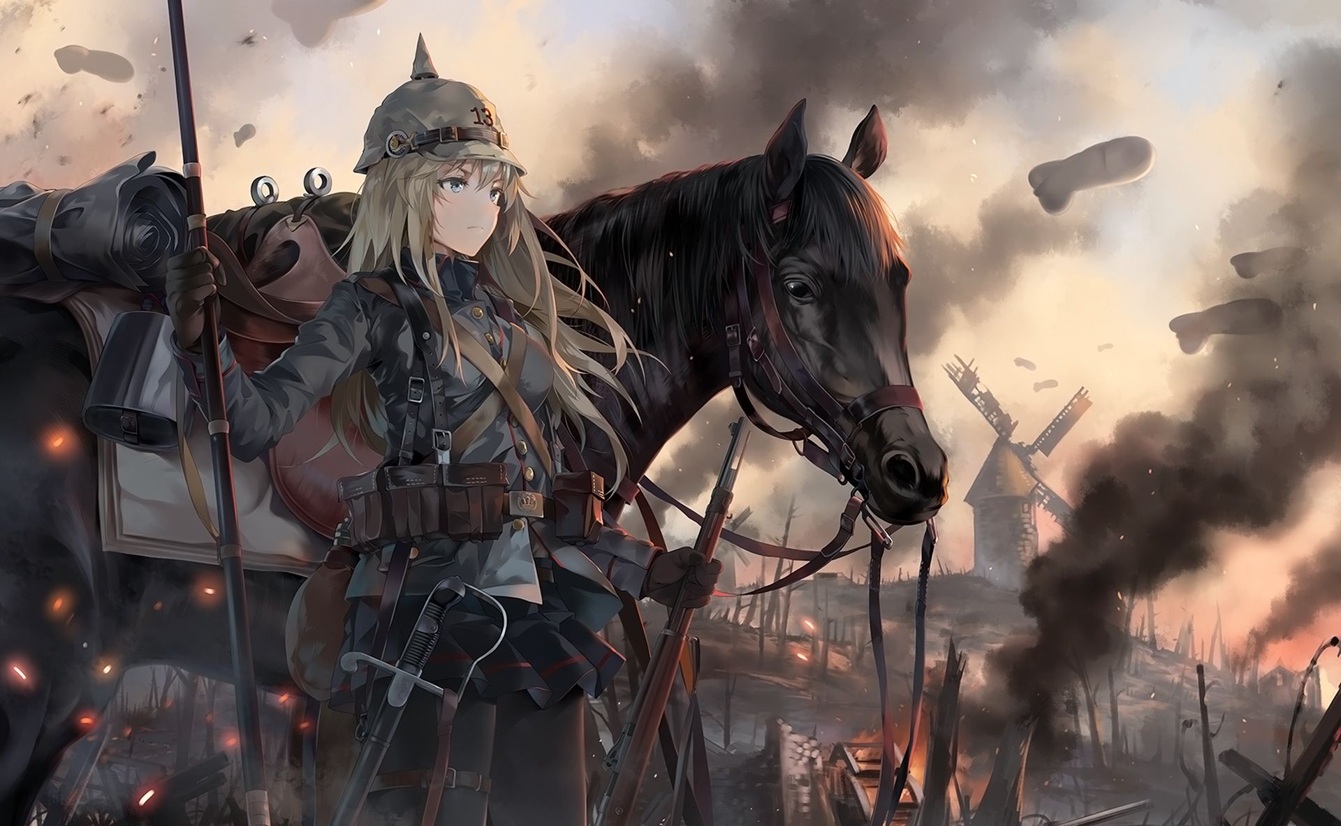 anime, original, battlefield 1, blonde, glove, helmet, horse, pantyhose, skirt, war