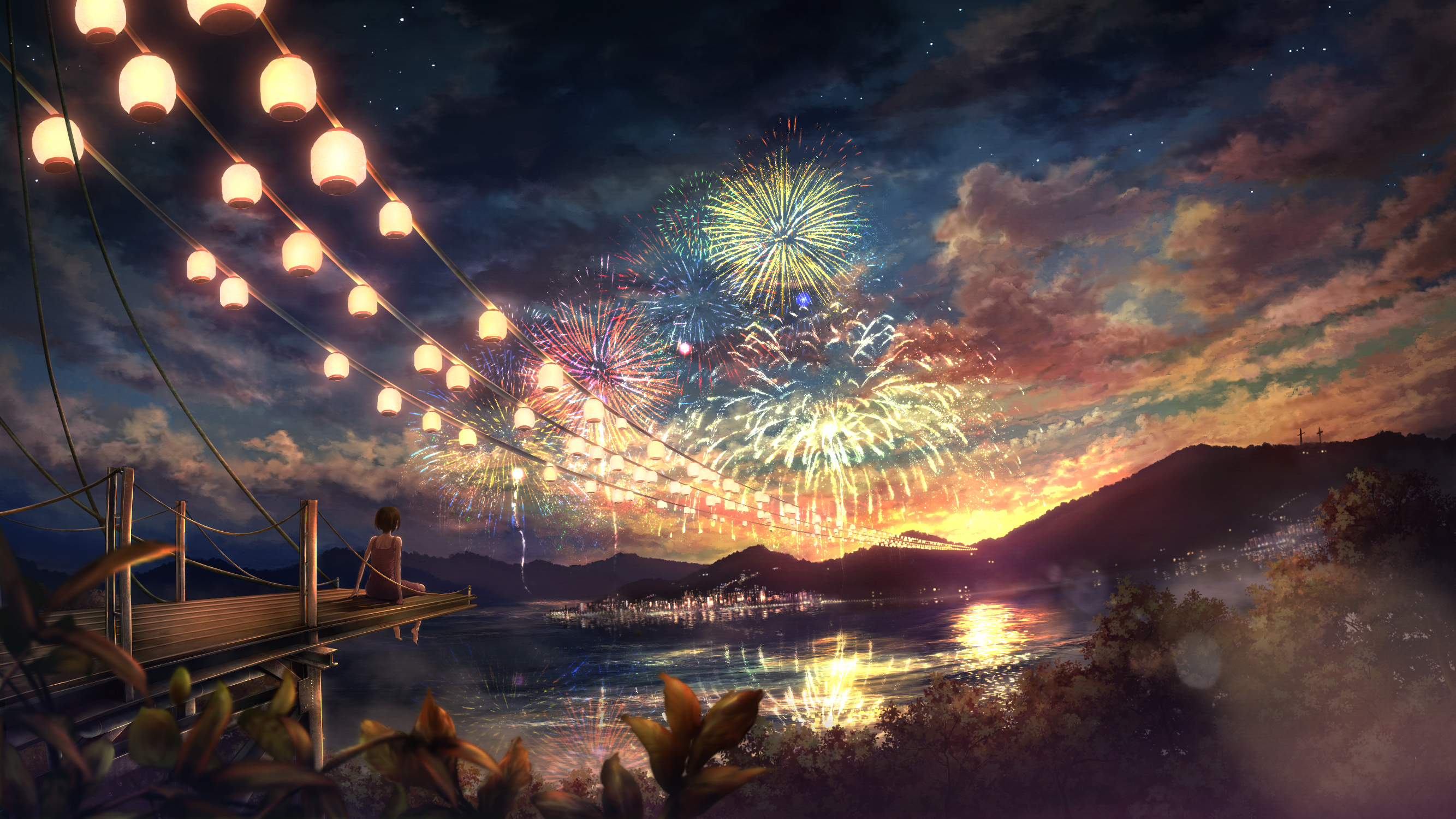 anime, colorful, reflection, lake, fireworks, festival, lantern, sunset