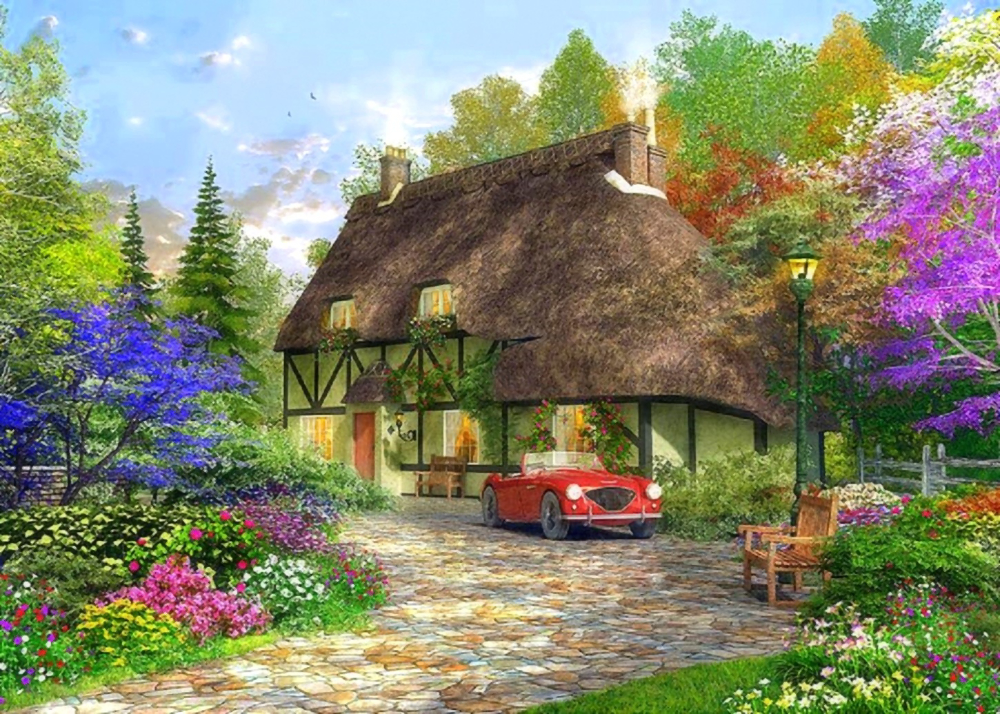 Download mobile wallpaper Flower, Tree, Car, House, Painting, Spring, Artistic, Cottage for free.
