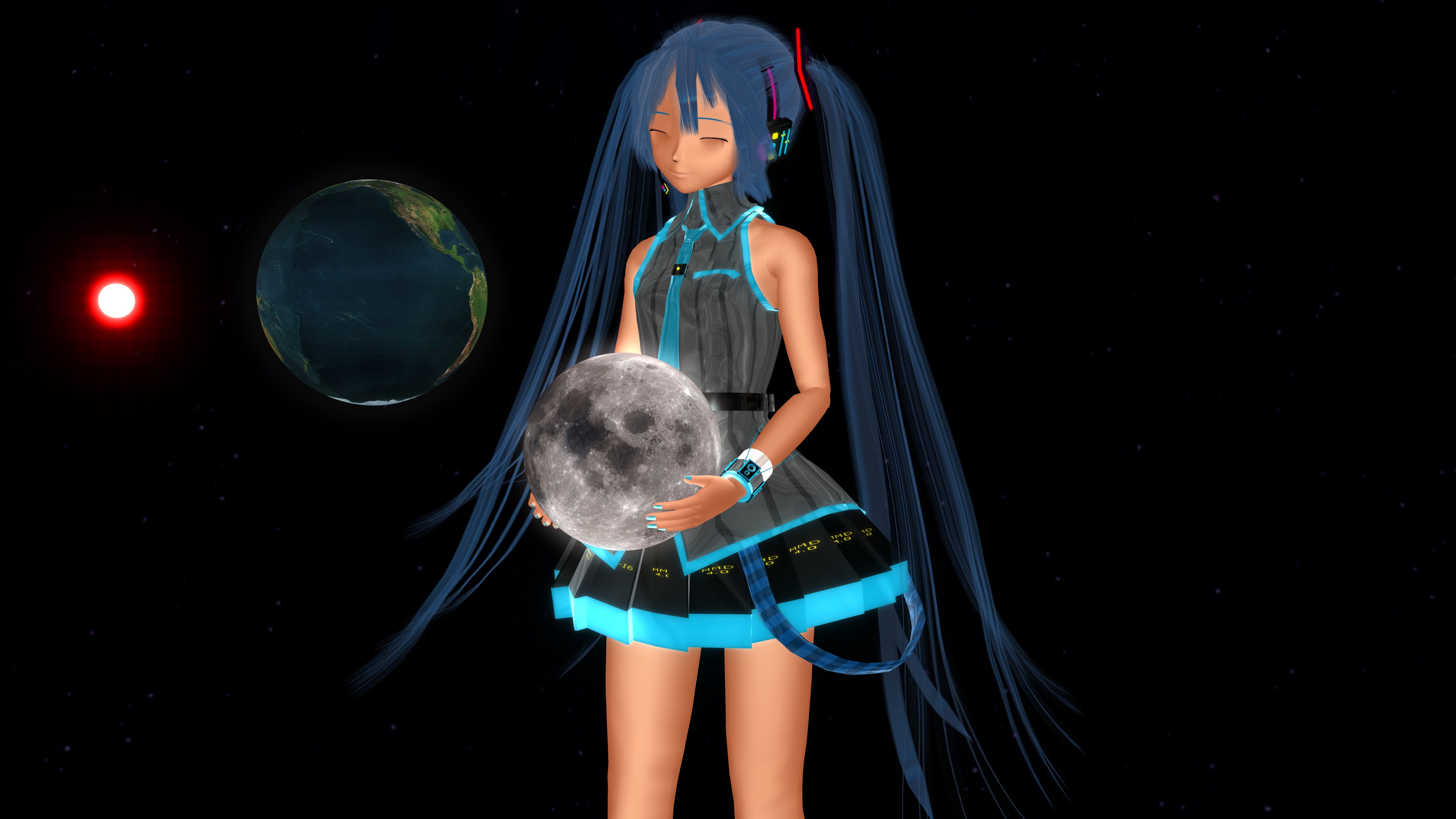 Laden Sie das Mond, Erde, Vocaloid, Sonne, Blaue Haare, Hatsune Miku, Animes-Bild kostenlos auf Ihren PC-Desktop herunter