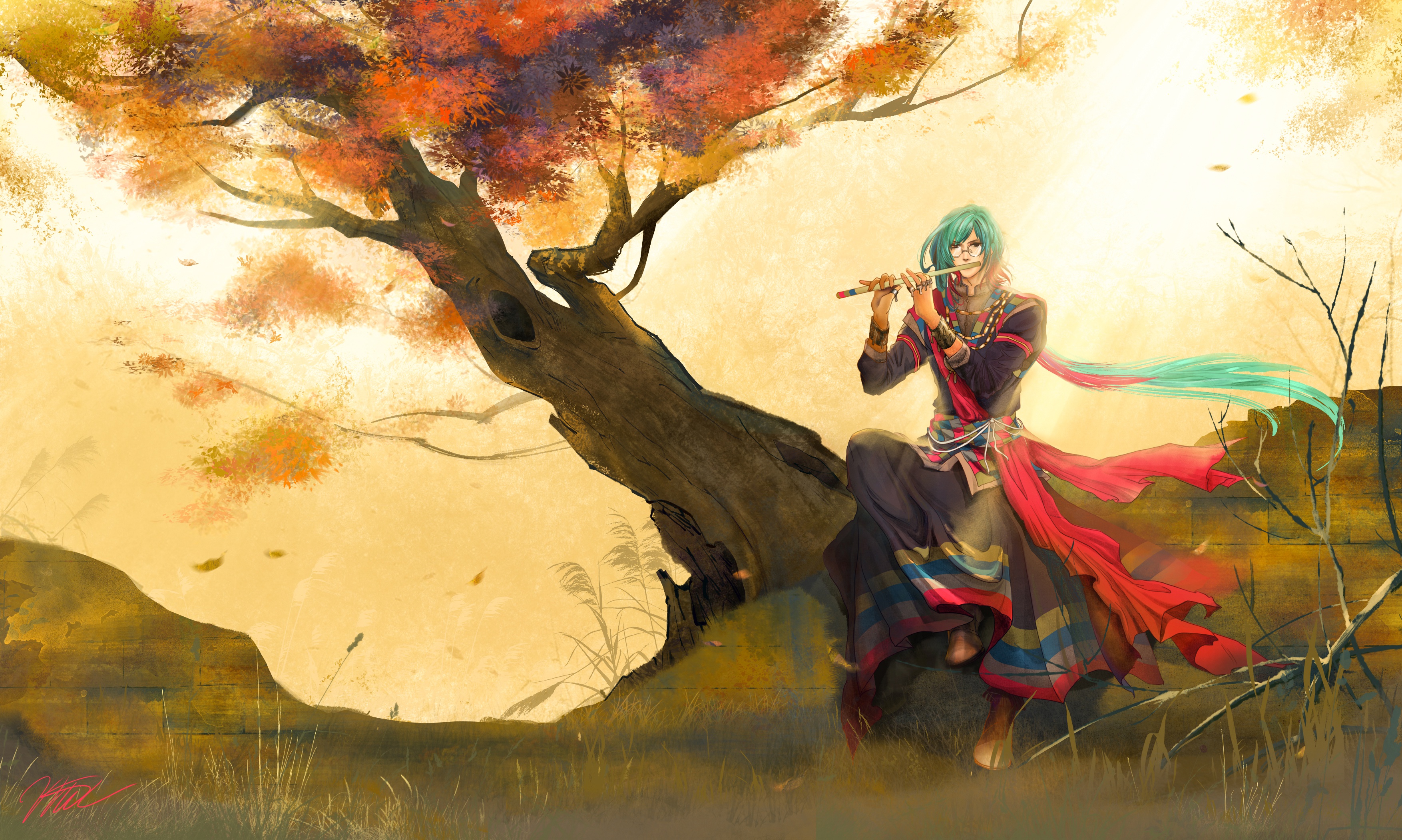 Download mobile wallpaper Fantasy, Men, Tree, Fall, Oriental, Flute, Instrument for free.