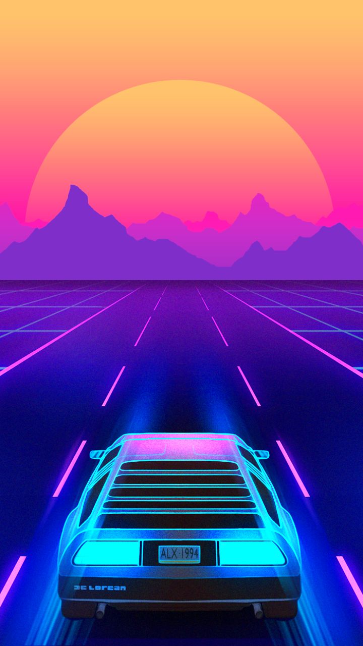 Download mobile wallpaper Sunset, Car, Artistic, Synthwave, Delorean, Retro Wave for free.