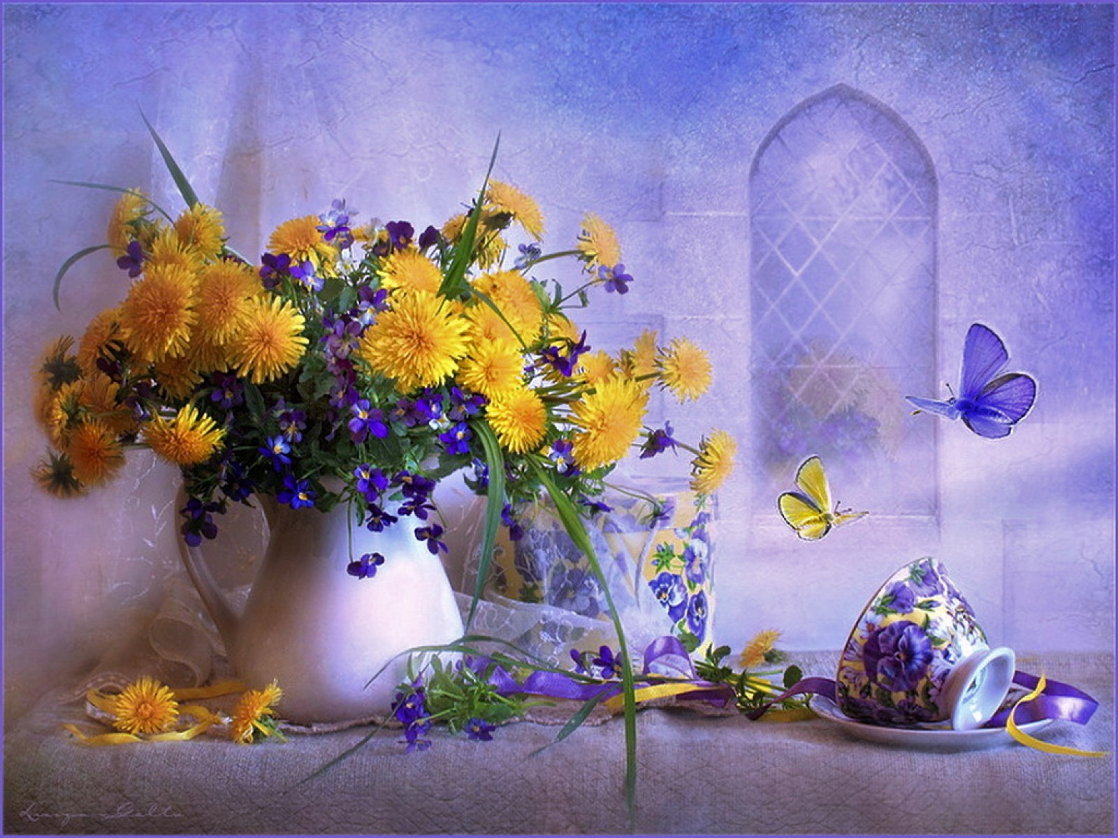 Handy-Wallpaper Blume, Tasse, Schmetterling, Vase, Gelbe Blume, Künstlerisch, Stillleben kostenlos herunterladen.