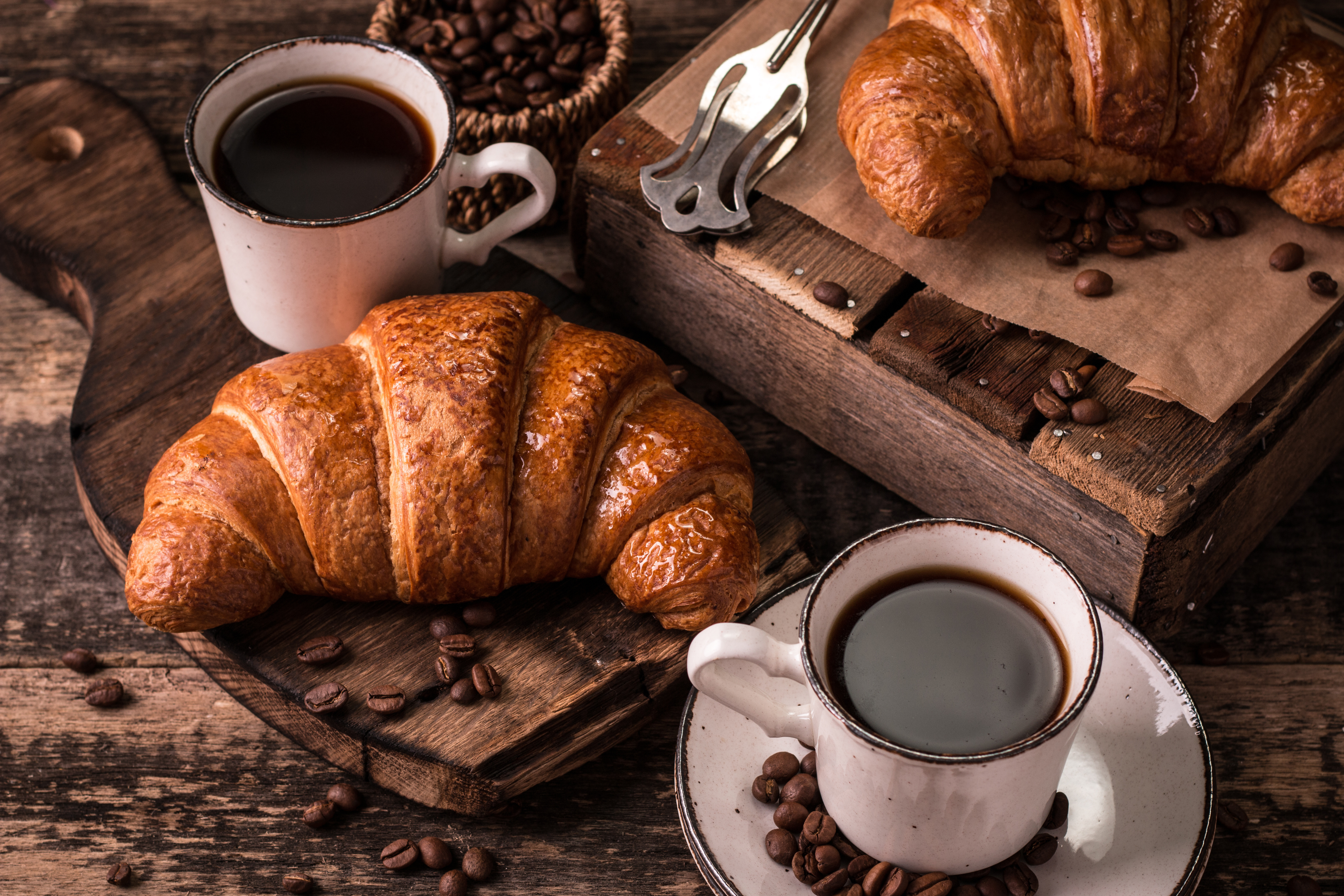 Download mobile wallpaper Food, Coffee, Still Life, Cup, Drink, Coffee Beans, Croissant, Viennoiserie for free.