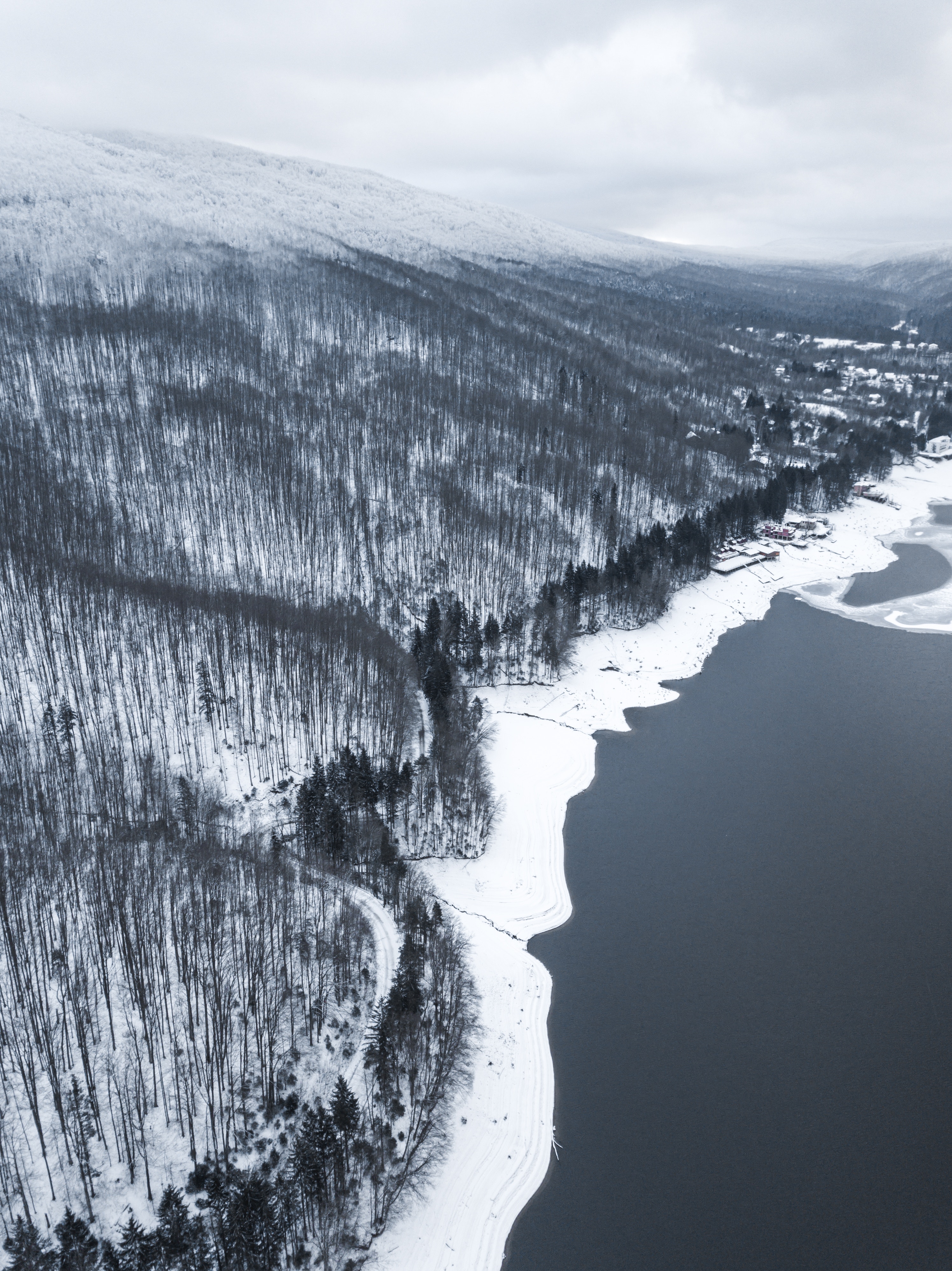 Download mobile wallpaper Shore, Bank, View From Above, Forest, Winter, Water, Nature, Grey for free.