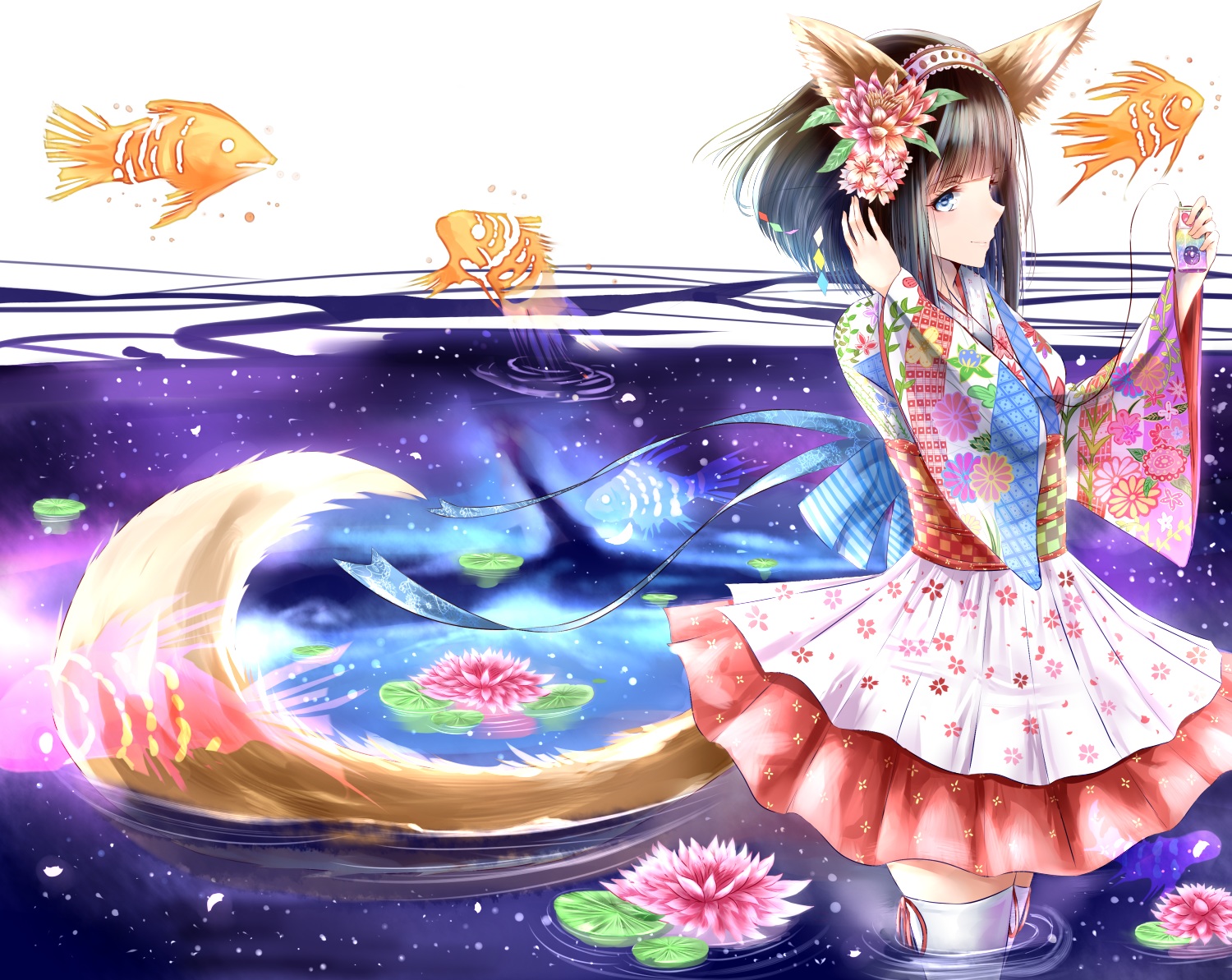 Download mobile wallpaper Anime, Water, Smile, Fish, Tail, Dress, Skirt, Headdress, Blue Eyes, Original, Goldfish, Short Hair, Pantyhose, Animal Ears for free.