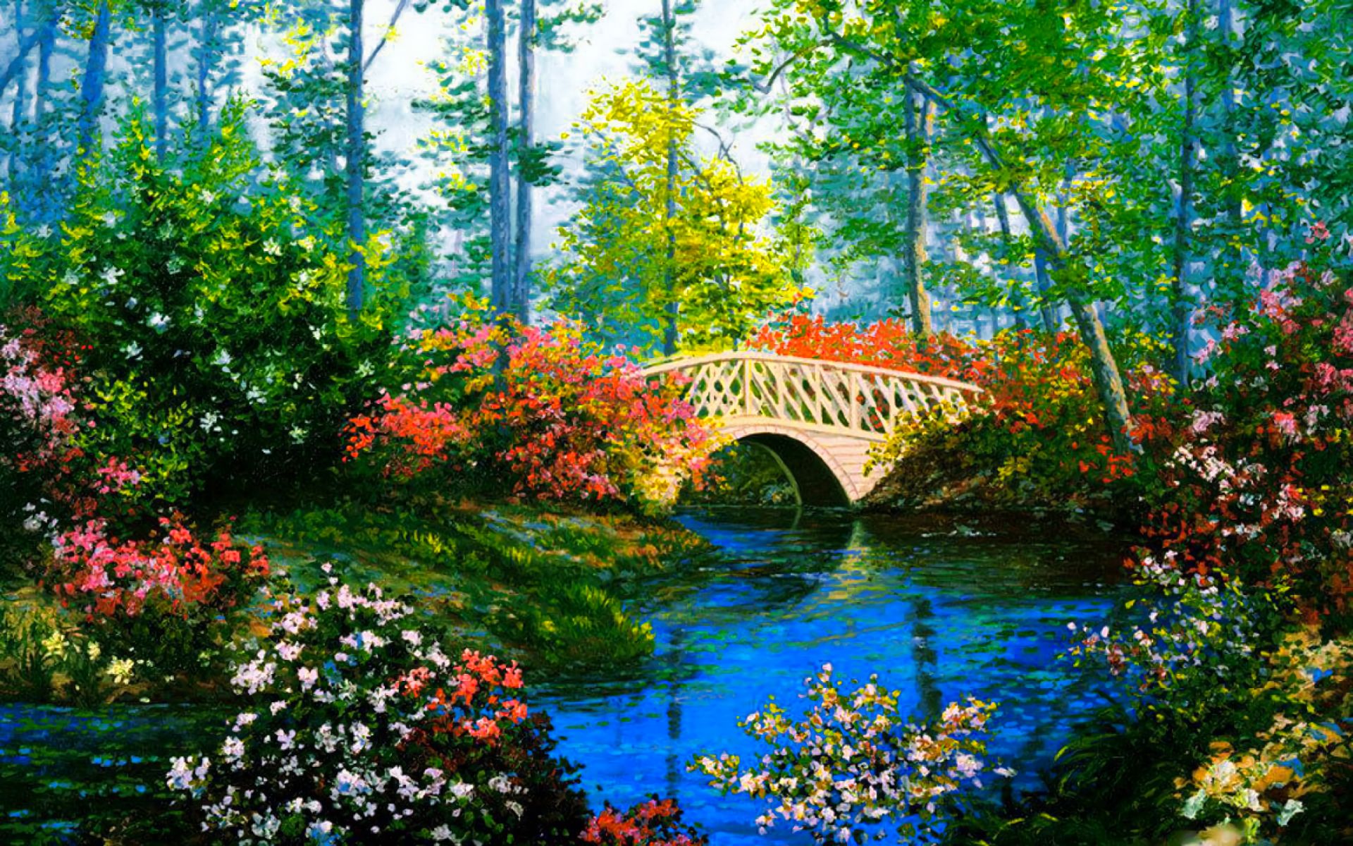 Download mobile wallpaper Flower, Park, Tree, Bridge, Colorful, Painting, Pond, Spring, Artistic for free.