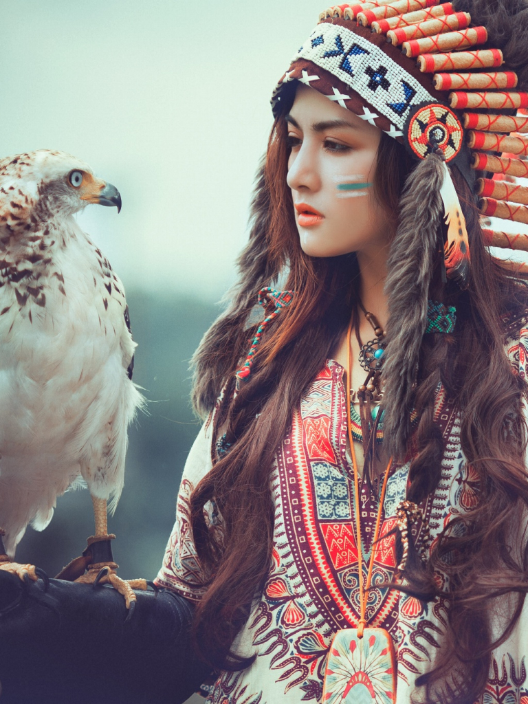 Download mobile wallpaper Feather, Eagle, Brunette, Model, Women, Bird Of Prey, Native American for free.