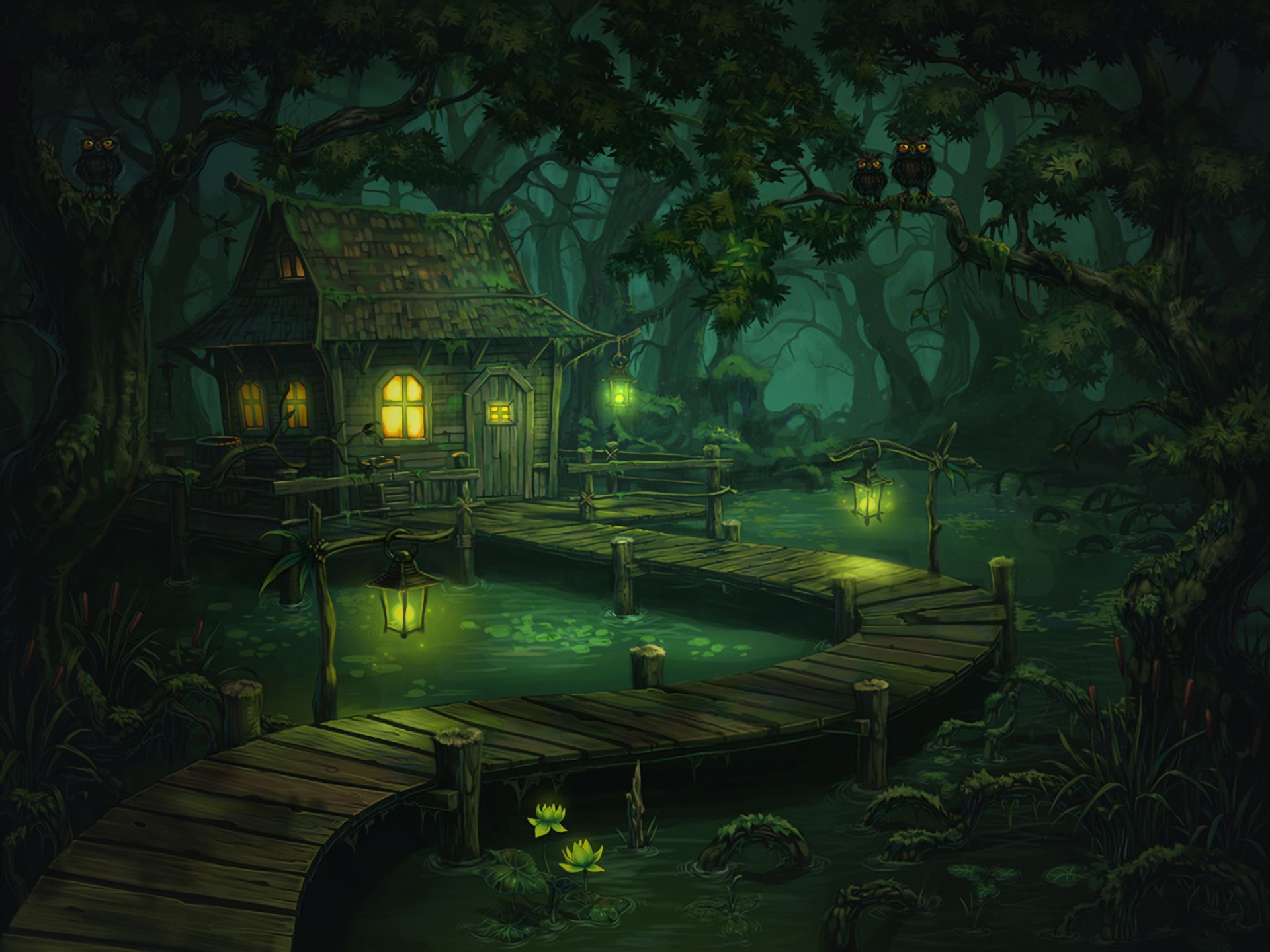 fantasy, forest, green, house, magical, night, tree