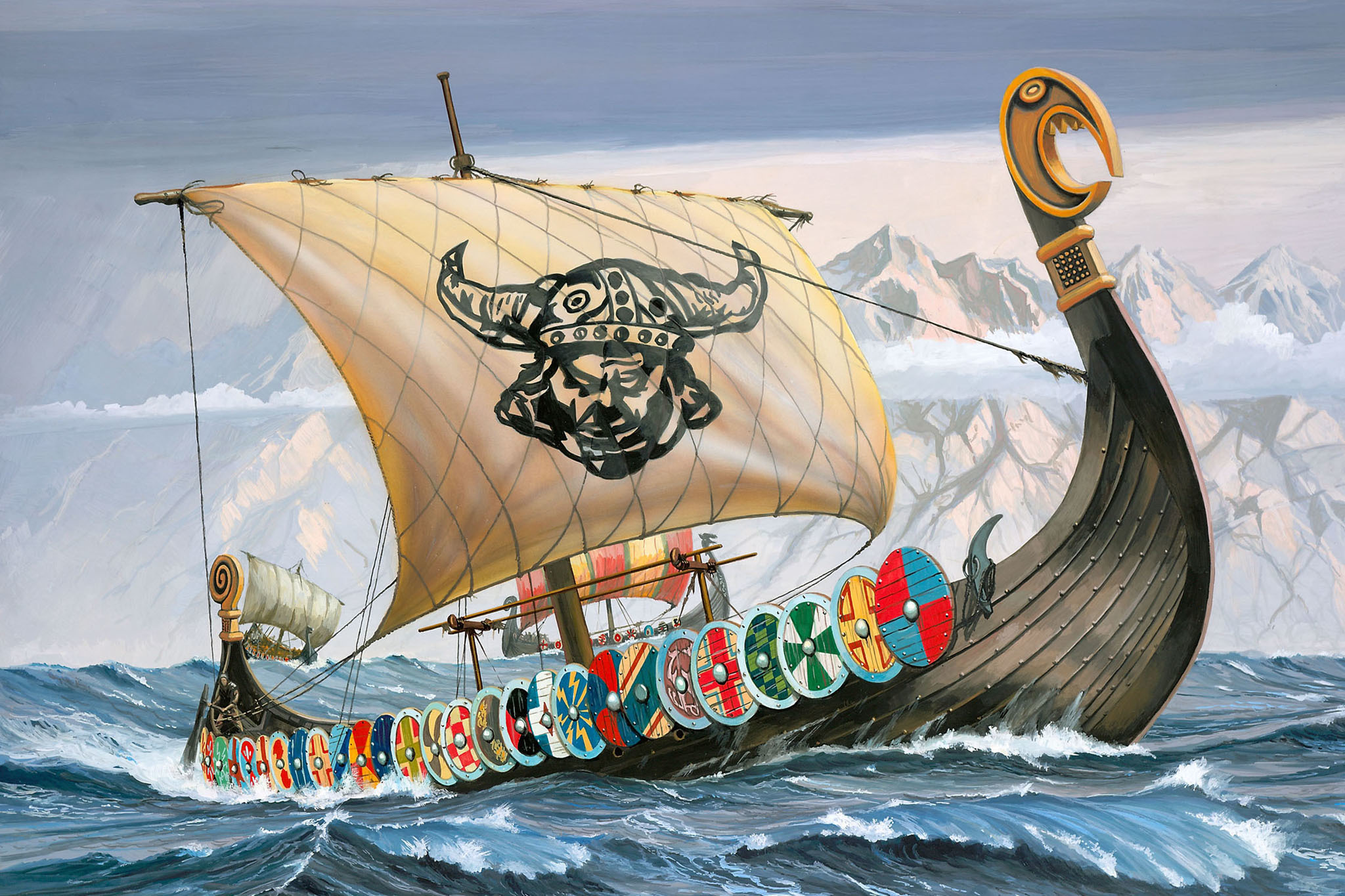 viking, fantasy, drakkar, painting, sea