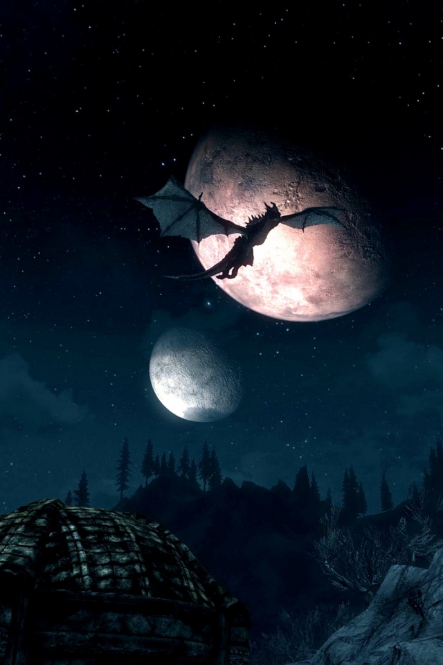 Скачати мобільні шпалери Зірки, Ніч, Місяць, Планета, Дракон, Відеогра, Skyrim, The Elder Scrolls V: Skyrim, The Elder Scrolls безкоштовно.