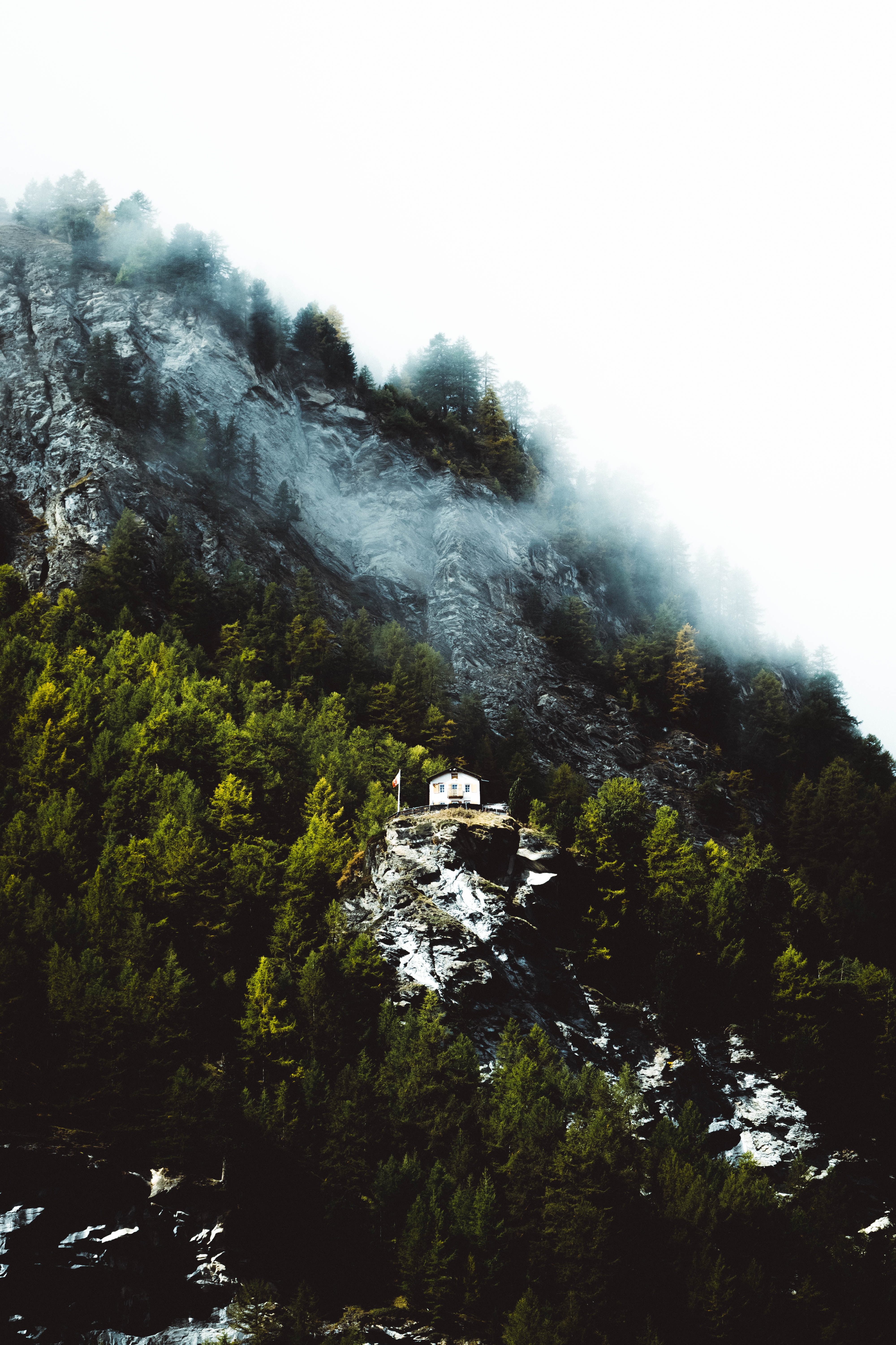 Download mobile wallpaper Rock, Slope, Mountain, Trees, House, Nature for free.