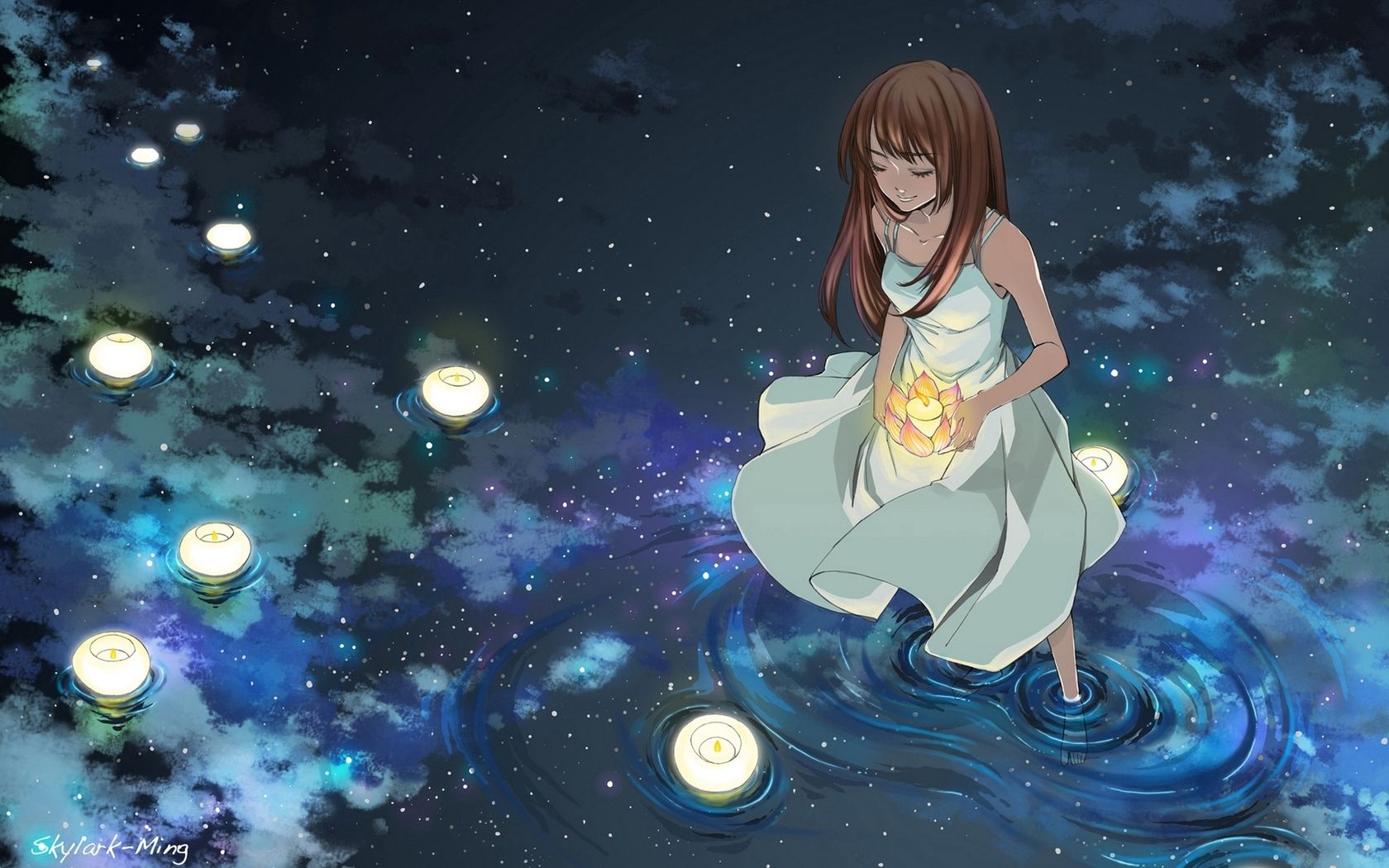Laden Sie das Lichter, Laternen, Wasser, Sterne, Mädchen, Anime-Bild kostenlos auf Ihren PC-Desktop herunter