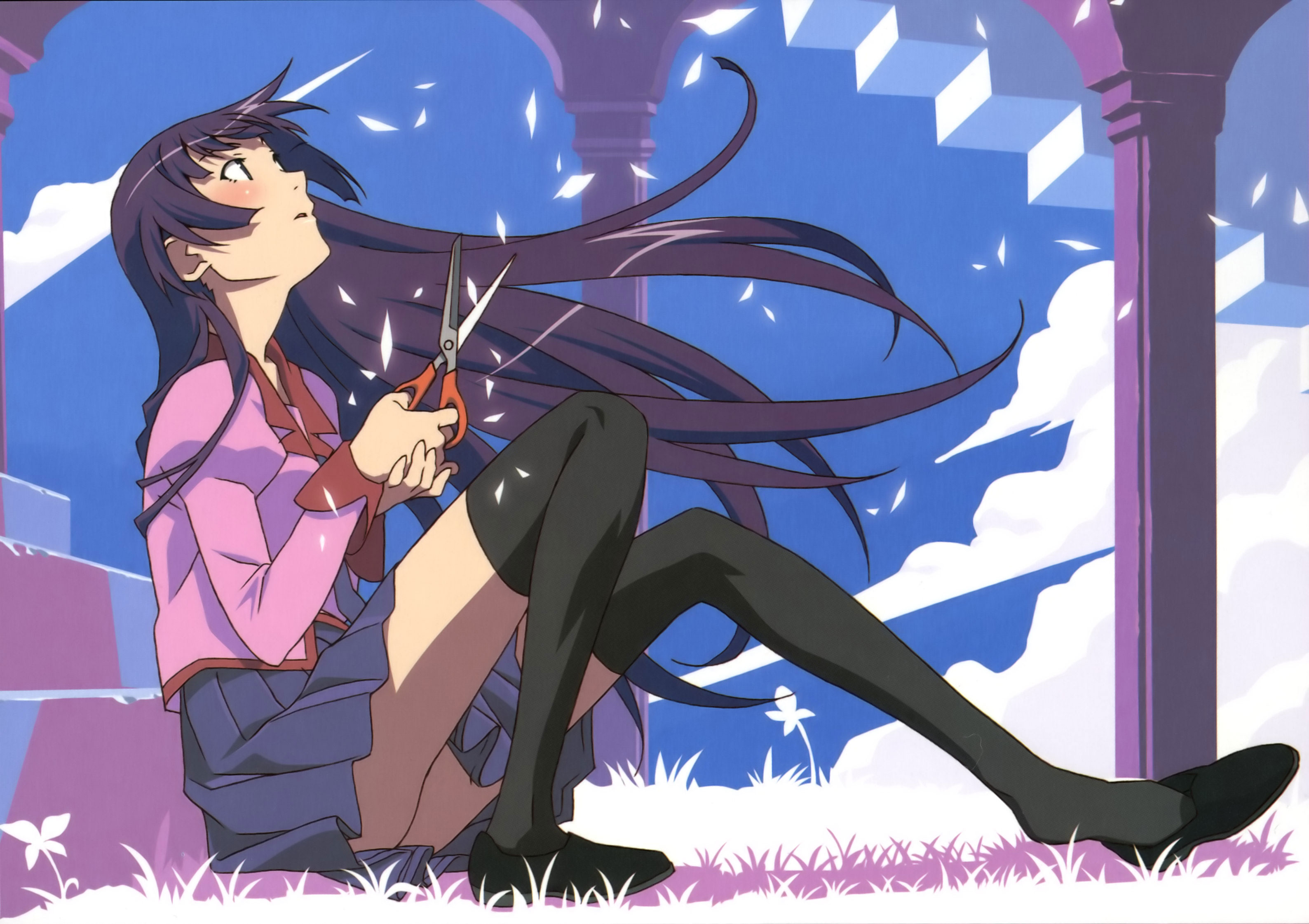 anime, monogatari (series), bakemonogatari, hitagi senjōgahara, long hair, purple hair