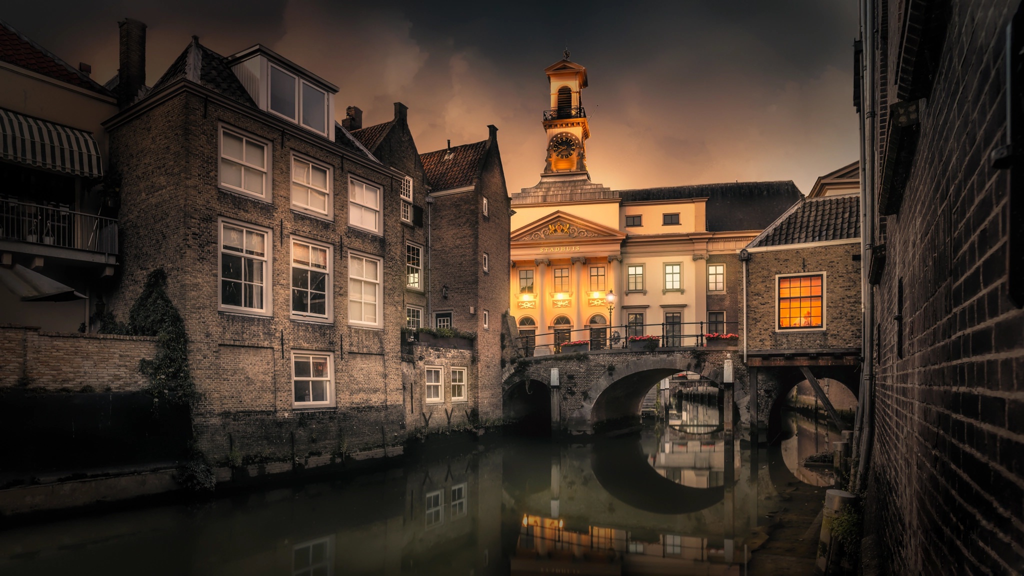 Free download wallpaper Water, Building, House, Bridge, Evening, Tower, Netherlands, Man Made, Canal on your PC desktop
