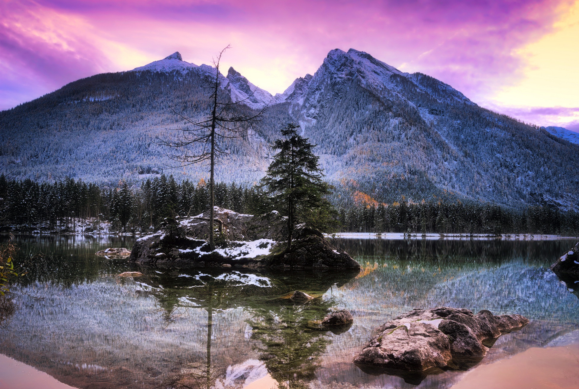 Téléchargez gratuitement l'image Hiver, Montagnes, Montagne, Lac, Arbre, La Nature, Terre/nature, Réflection sur le bureau de votre PC