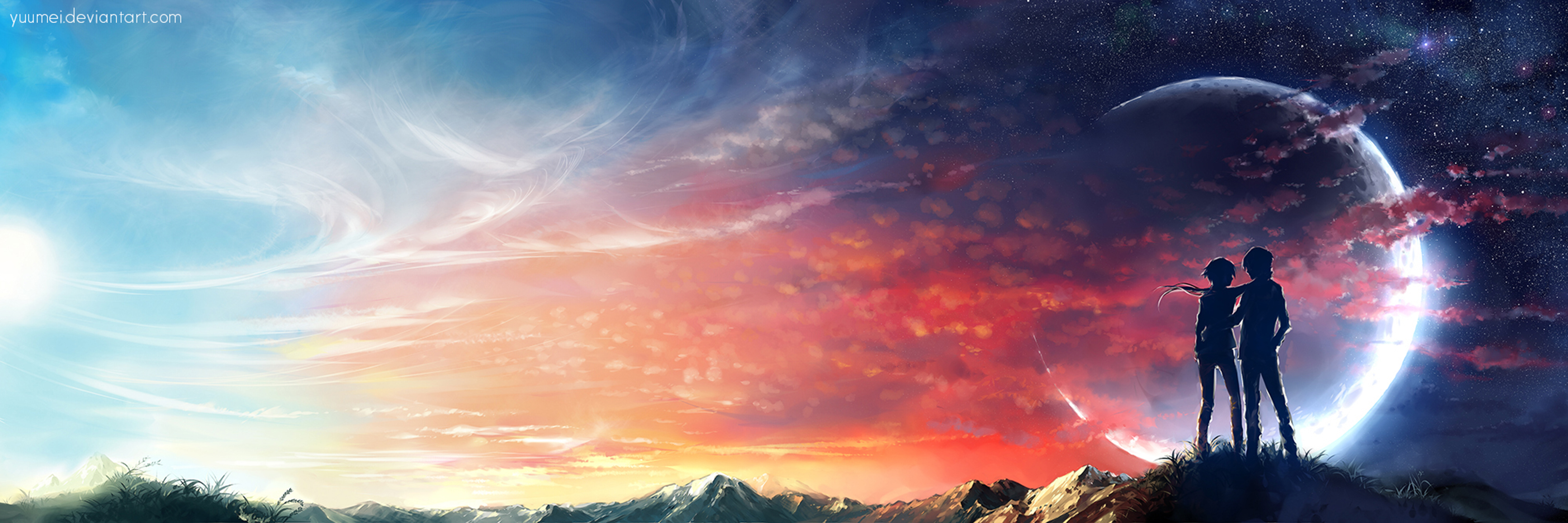 Free download wallpaper Anime, Landscape, Sunset, Moon, Cloud on your PC desktop