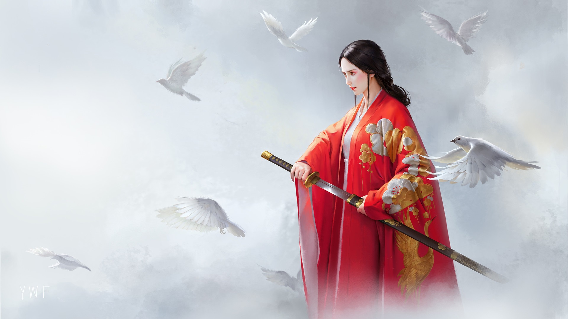 Free download wallpaper Fantasy, Bird, Dove, Kimono, Oriental, Sword, Katana, Black Hair, Women Warrior, Woman Warrior on your PC desktop