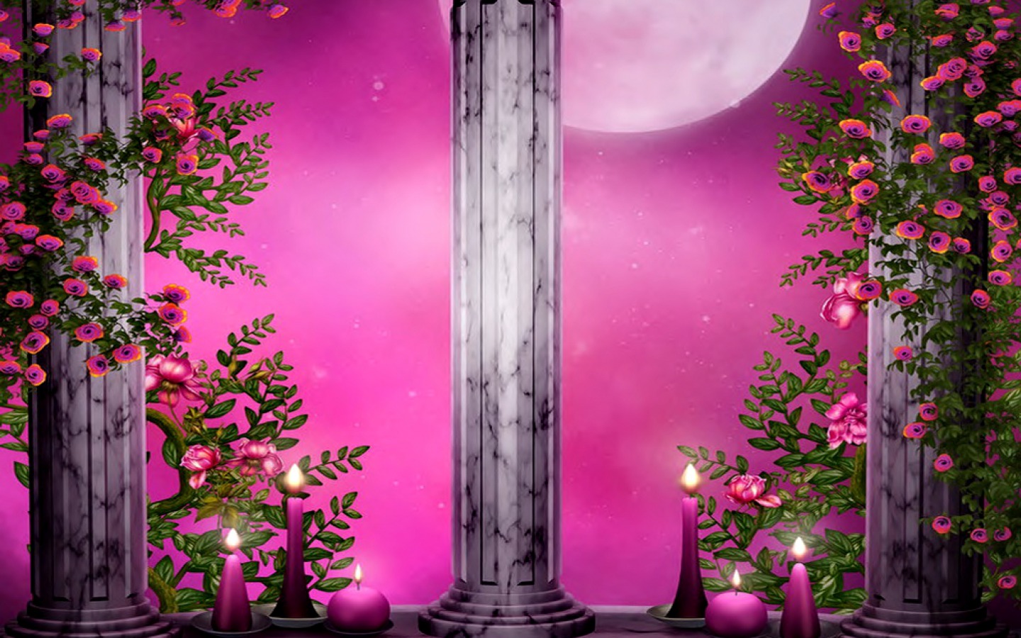Download mobile wallpaper Fantasy, Pink, Moon, Flower, Rose, Artistic, Candle, Columns for free.