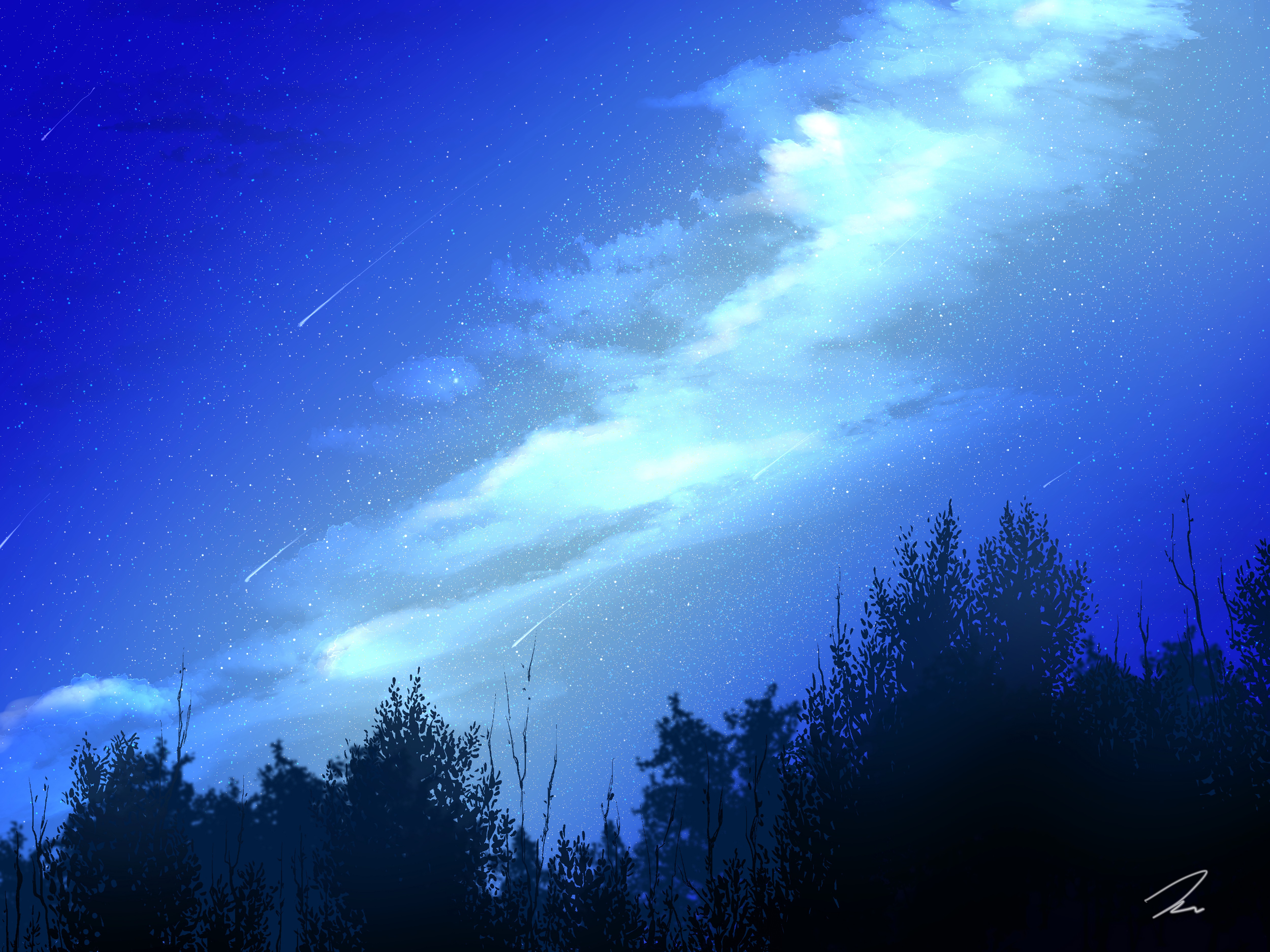110001 Hintergrundbild herunterladen bäume, kunst, übernachtung, clouds, sternenhimmel, sternenfall, starfall - Bildschirmschoner und Bilder kostenlos
