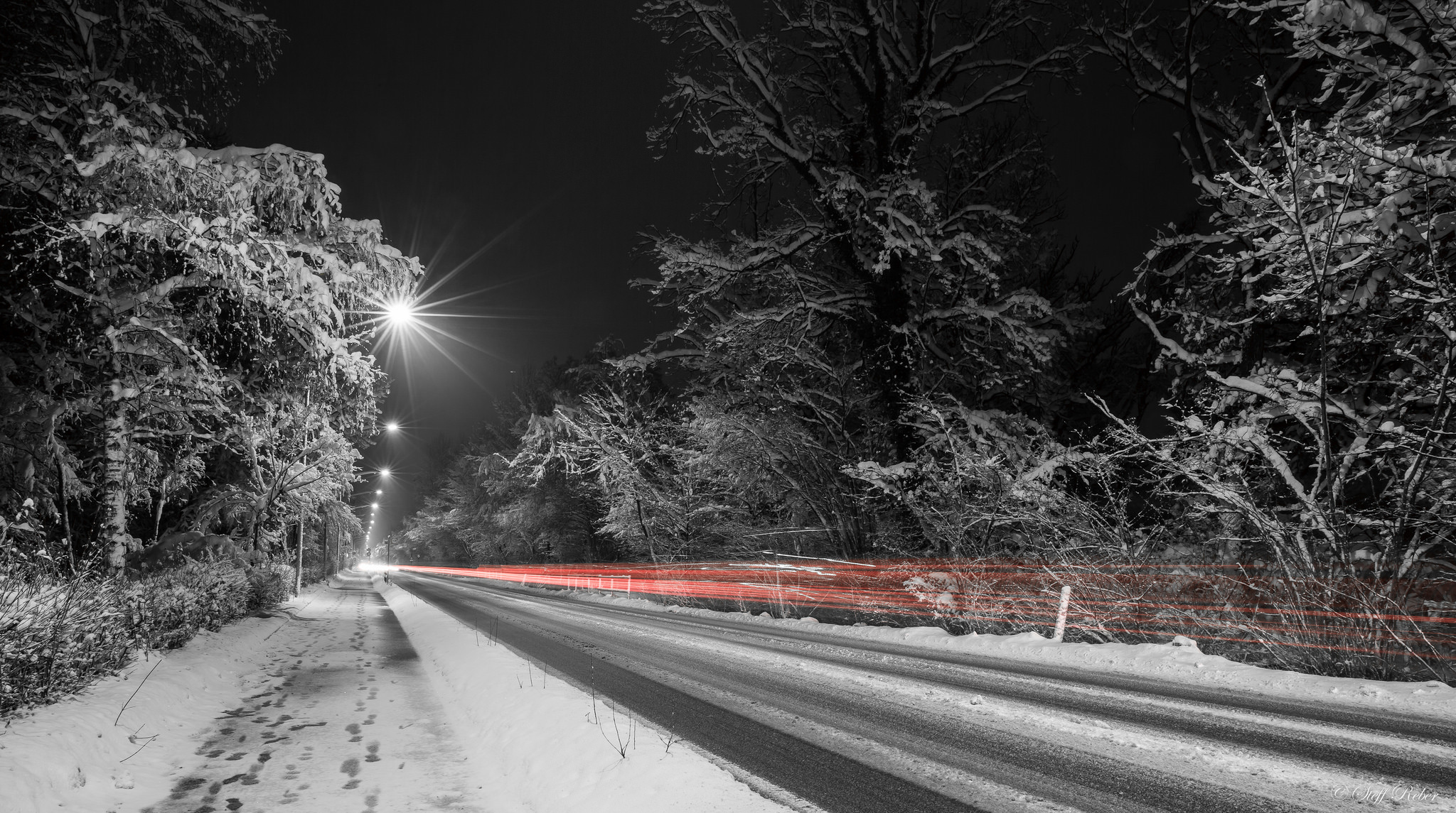Free download wallpaper Winter, Night, Snow, Light, Road, Man Made, Time Lapse on your PC desktop