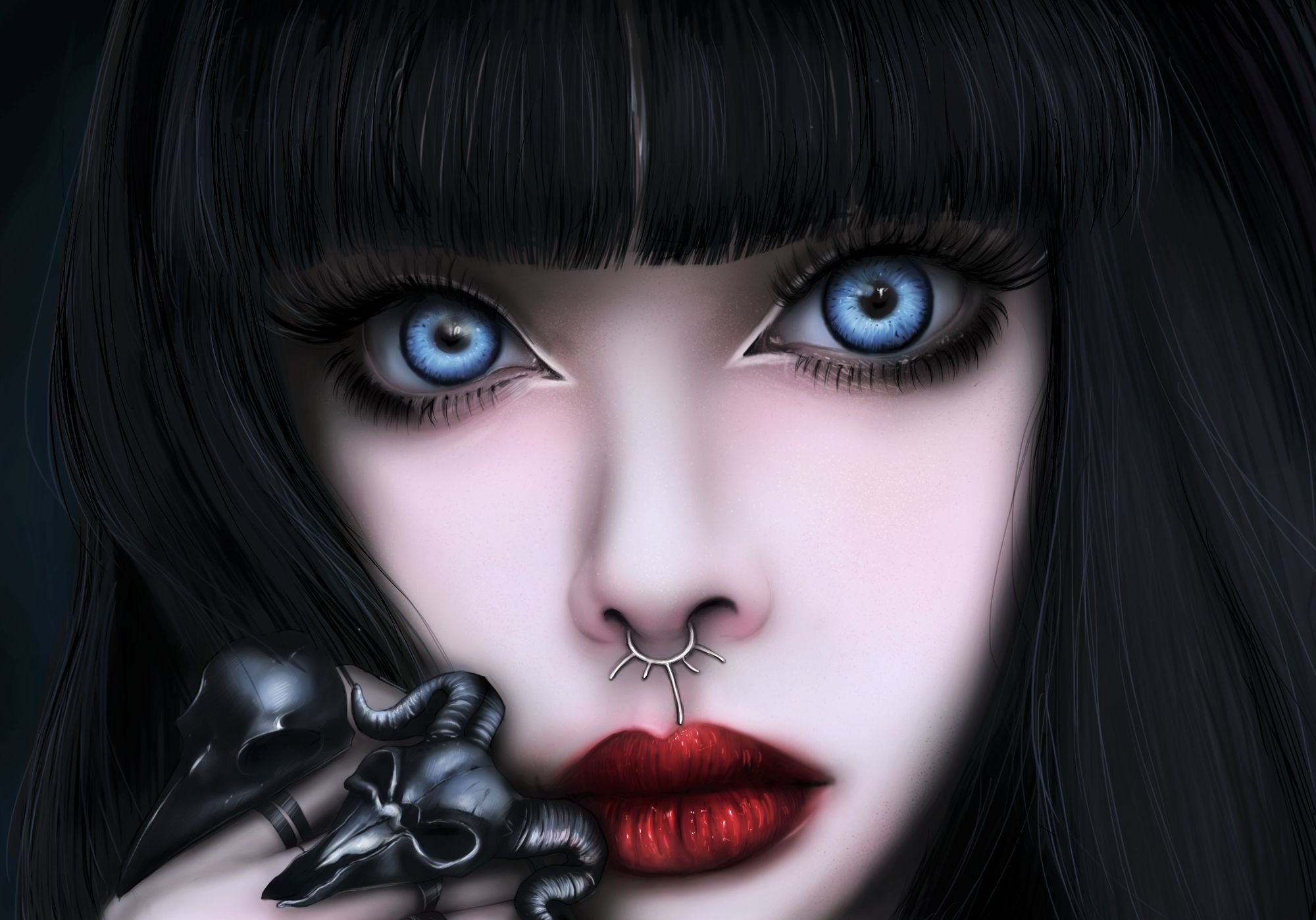 Download mobile wallpaper Fantasy, Gothic, Face, Women, Blue Eyes, Black Hair for free.