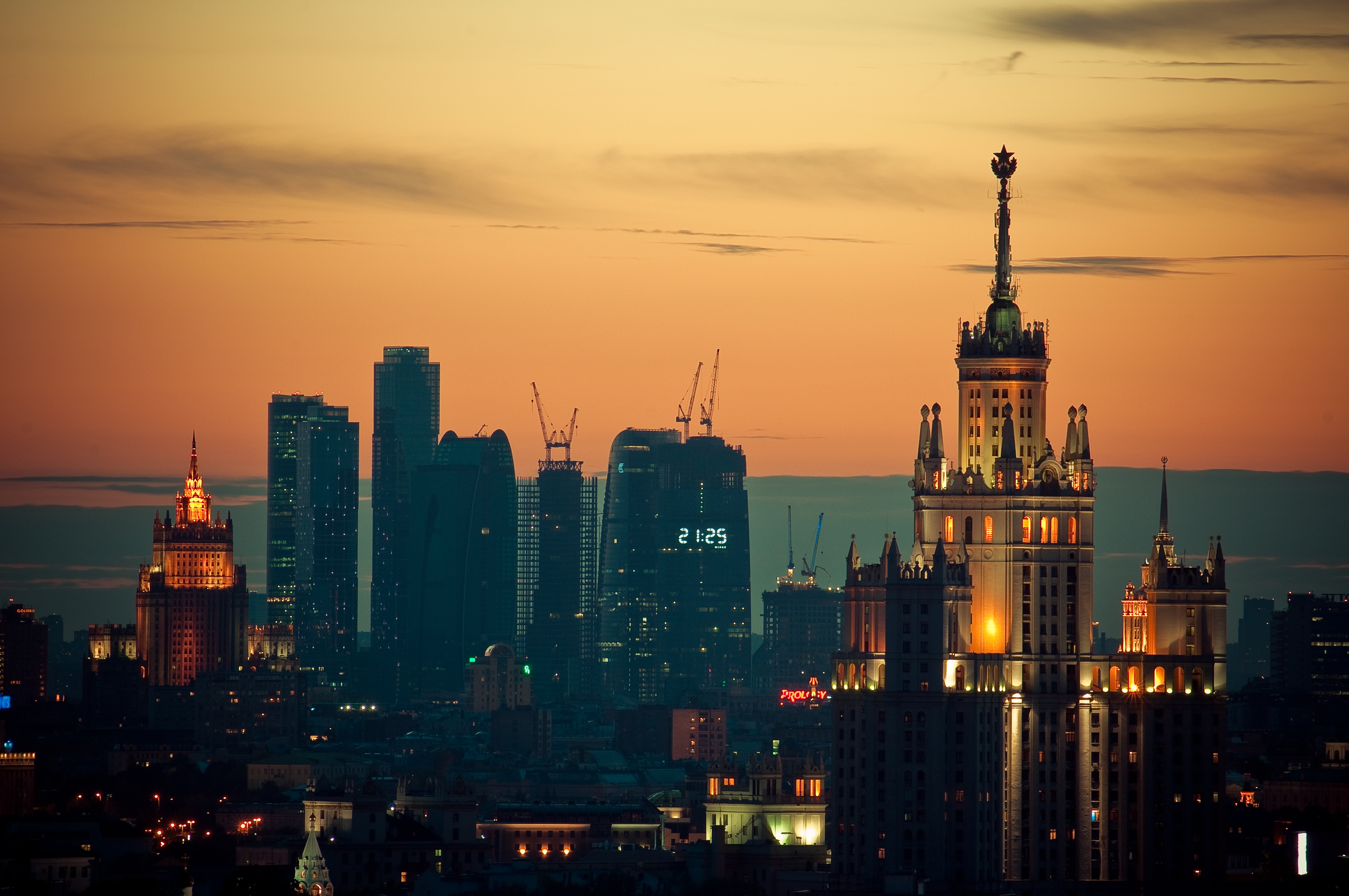 cities, sunset, moskow, lights
