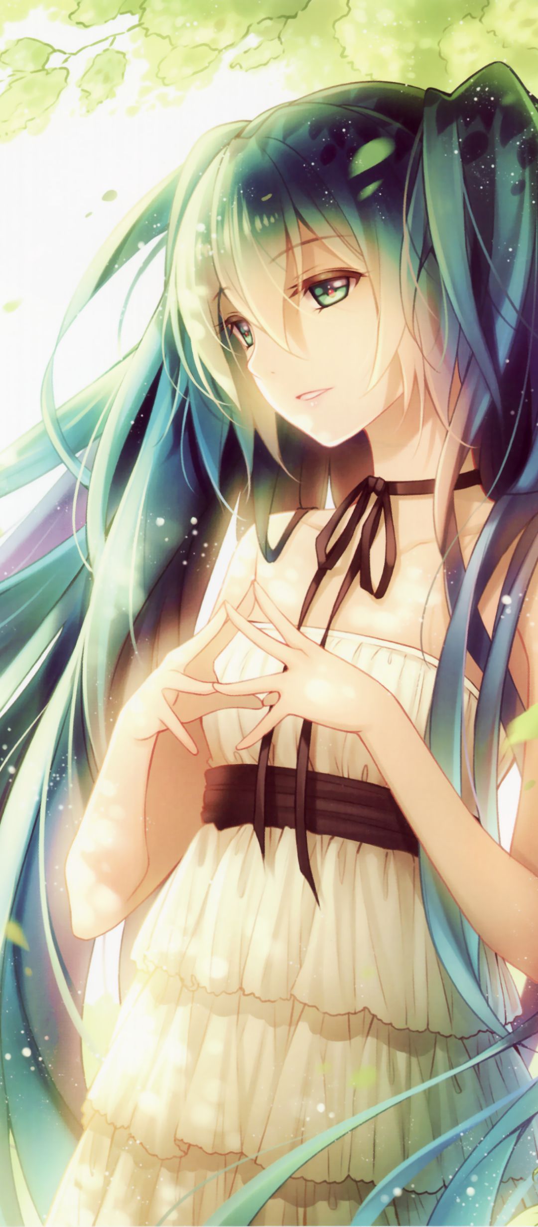 Download mobile wallpaper Anime, Bird, Vocaloid, Green Eyes, Blue Hair, Hatsune Miku, Long Hair, White Dress for free.