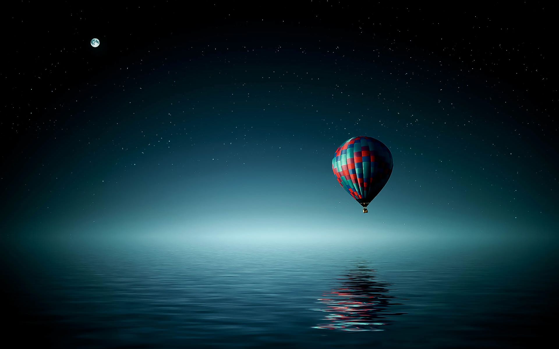 hot air balloon, night, vehicles, moon, ocean, sky, stars