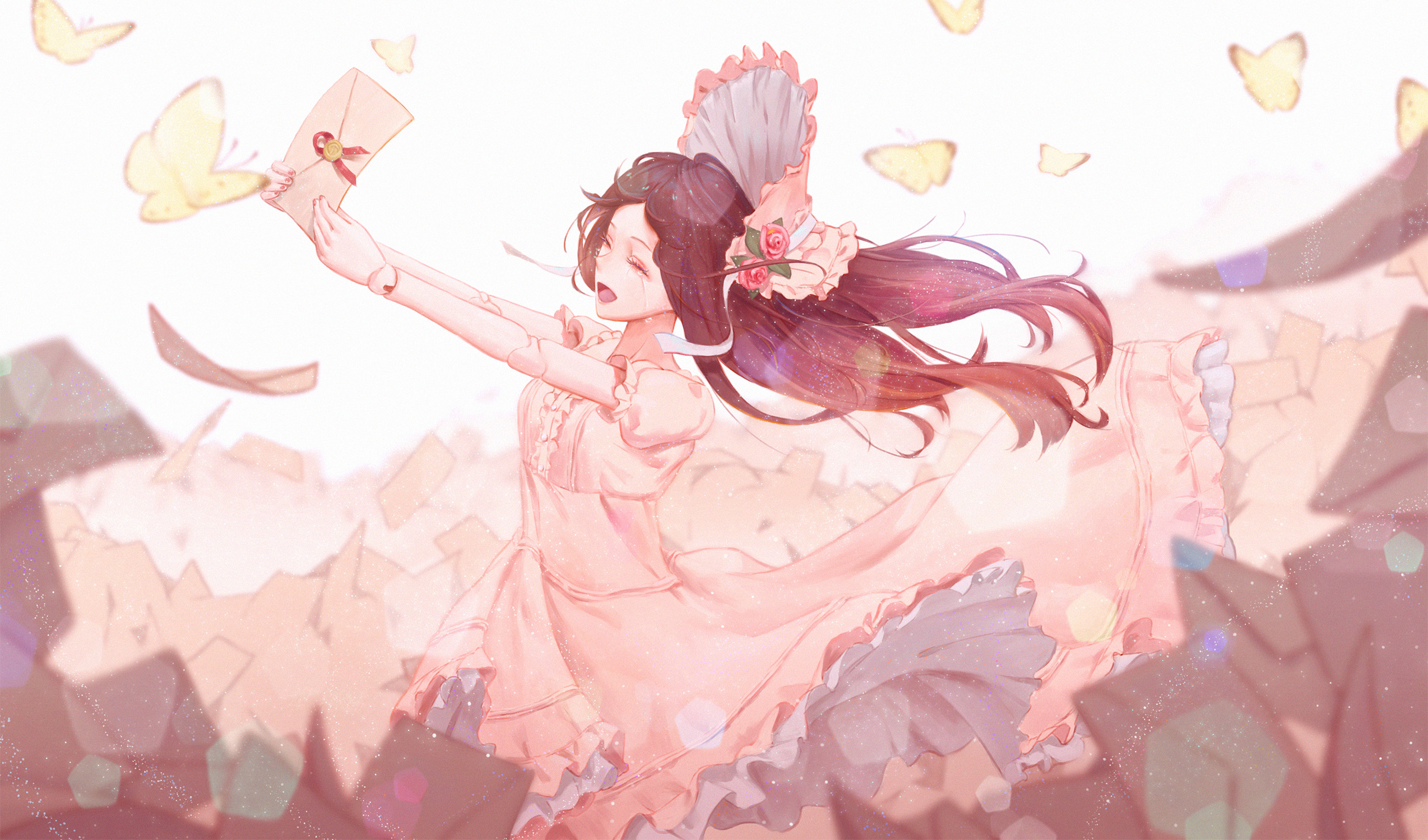 Free download wallpaper Anime, Flower, Butterfly, Headdress, Tears, Original, Long Hair, Brown Hair on your PC desktop