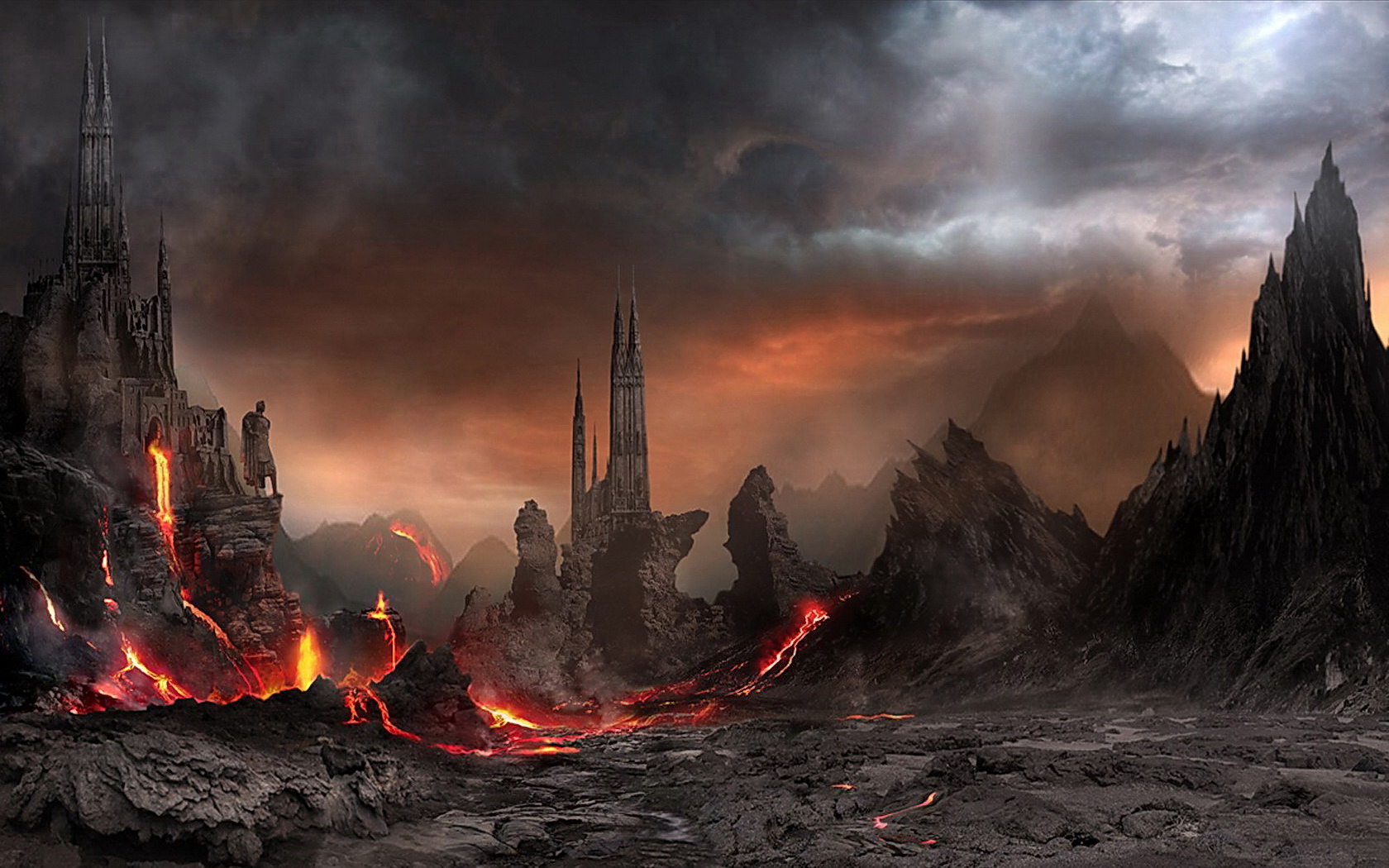 Free download wallpaper Landscape, Dark, Lava, Ruin on your PC desktop