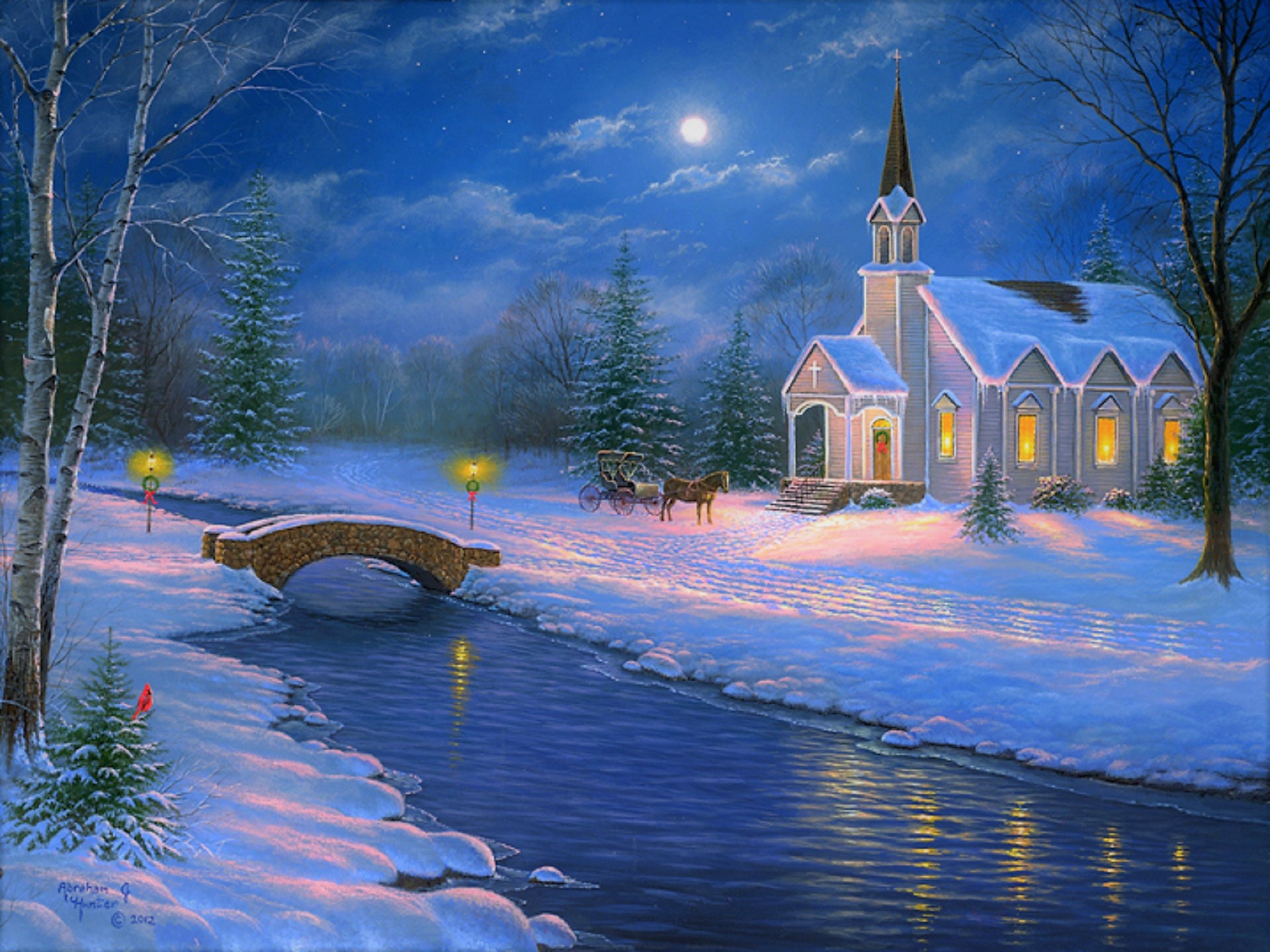 1504971 скачать обои художественные, картина, мост, рождество, церковь, автомобиль запряженный лошадьми, ночь, река, снег, дерево, зима - заставки и картинки бесплатно