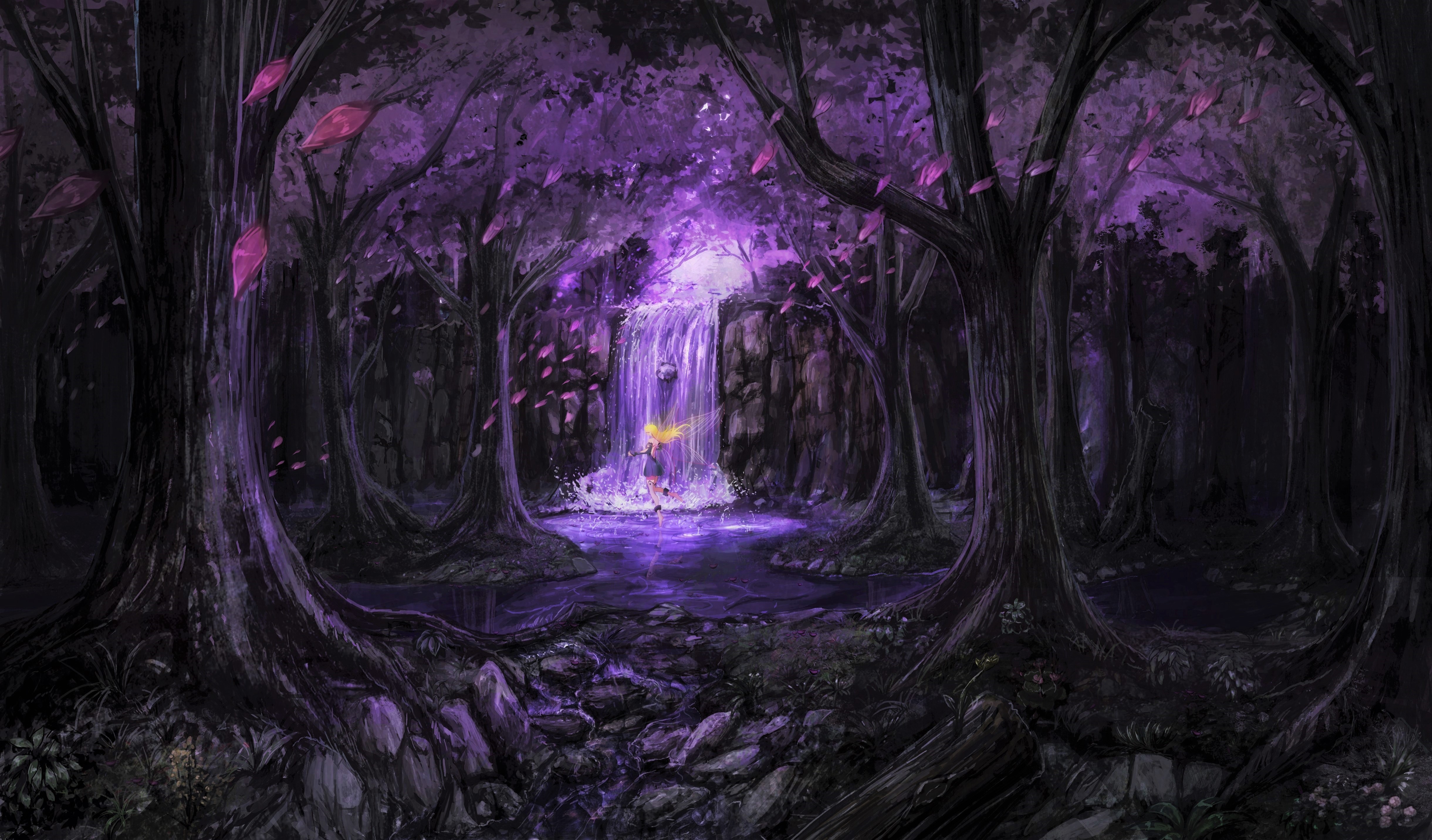 fantasy, forest, blonde, fairy, magical, purple, tree