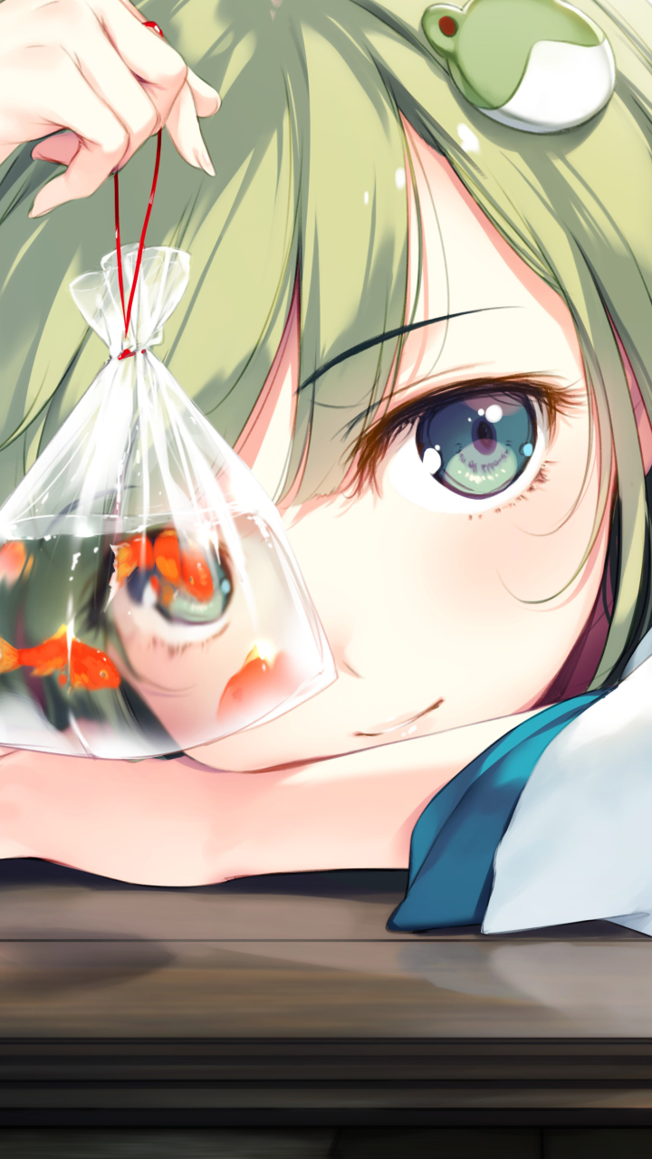 Download mobile wallpaper Anime, Fish, Face, Green Hair, Touhou, Aqua Eyes, Sanae Kochiya for free.